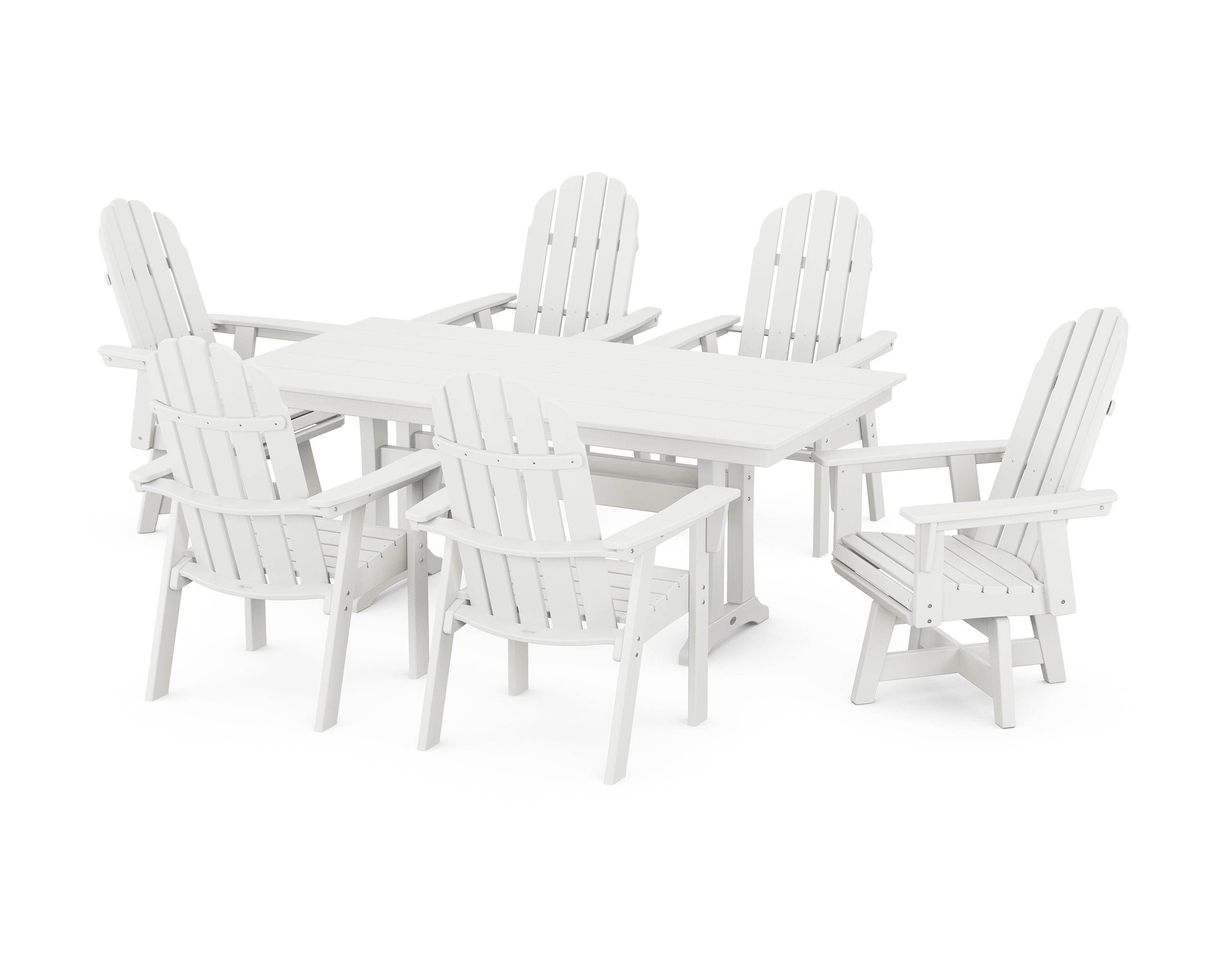 POLYWOOD® Vineyard Curveback Adirondack Swivel Chair 7-Piece Farmhouse Dining Set with Trestle Legs in Vintage White