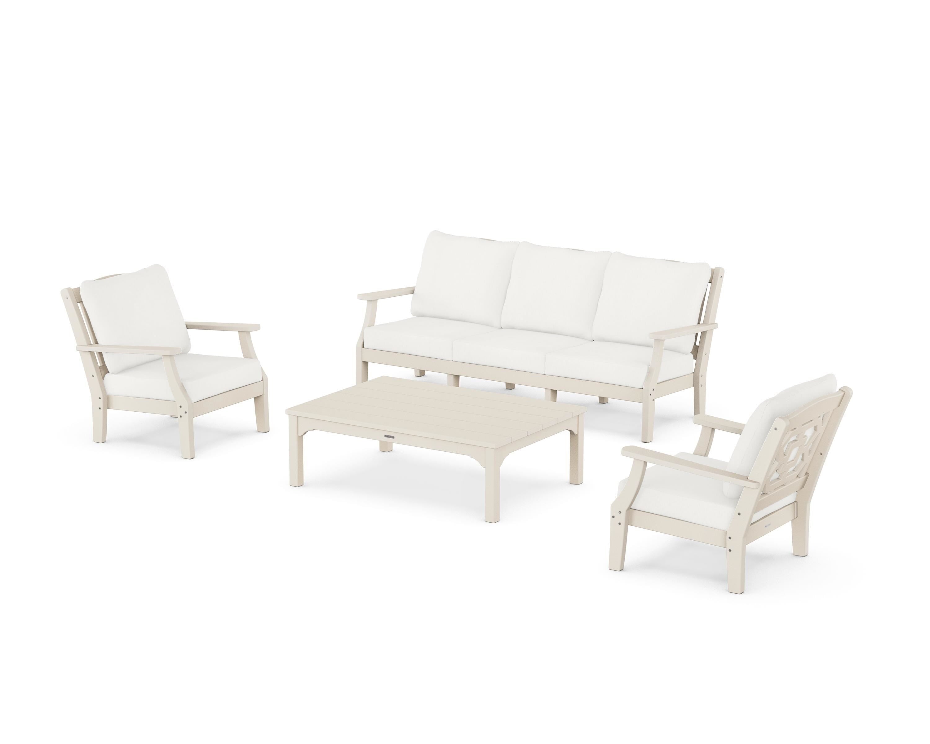 Martha Stewart by POLYWOOD Chinoiserie 4-Piece Deep Seating Set with Sofa in Sand / Natural Linen