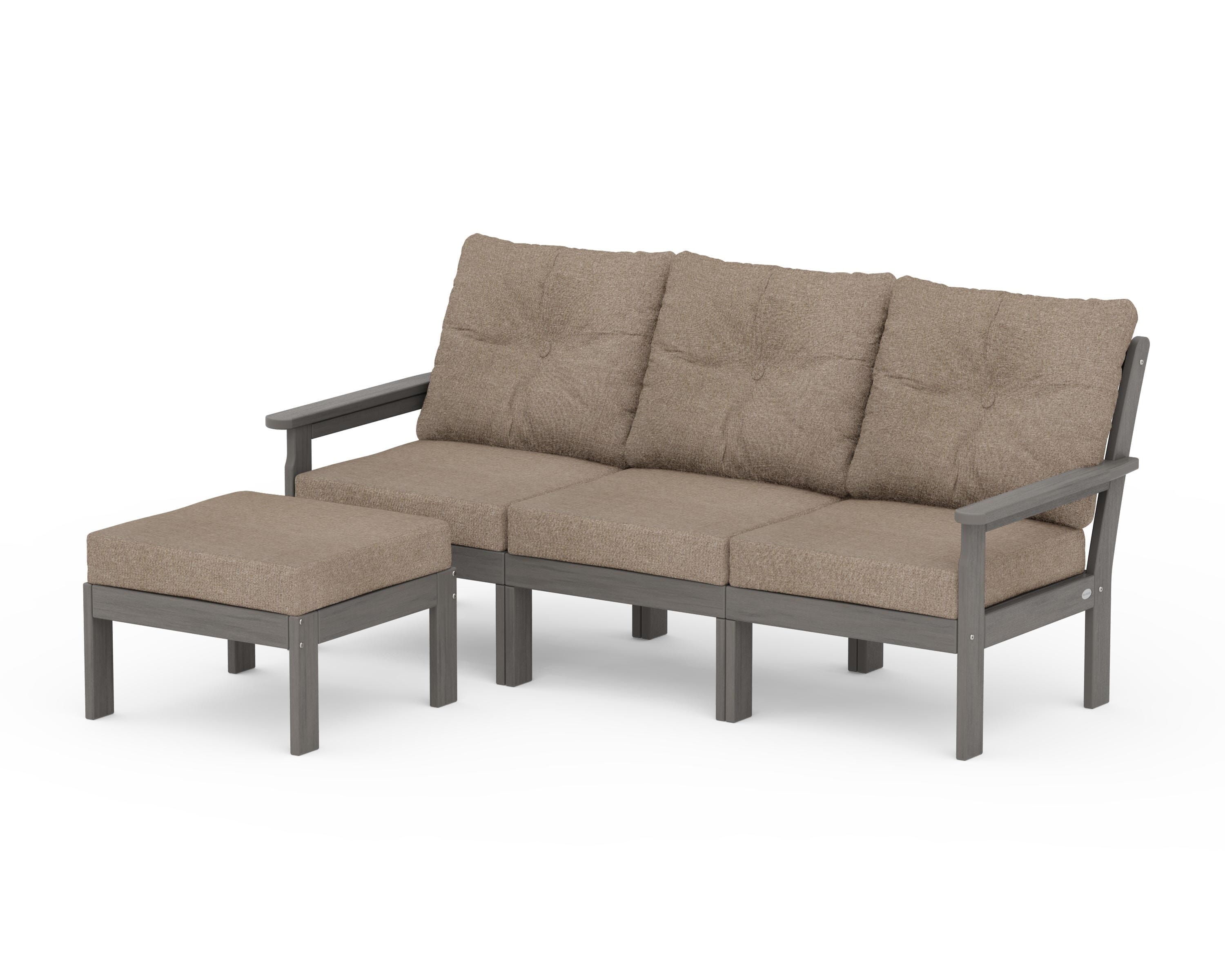 POLYWOOD Vineyard 4-Piece Sectional with Ottoman in Driftwood / Spiced Burlap