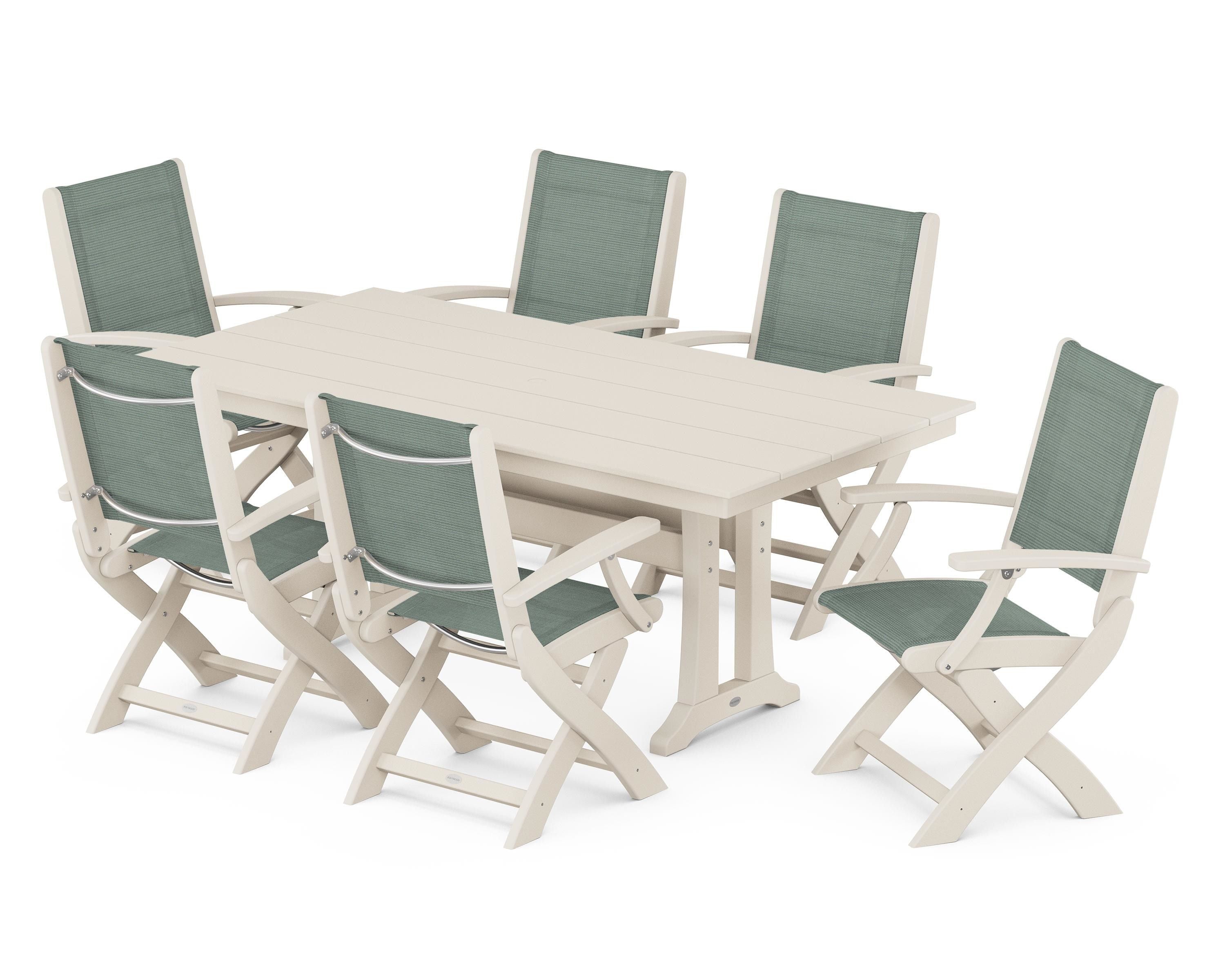 POLYWOOD Coastal Folding Arm Chair 7-Piece Farmhouse Dining Set with Trestle Legs in Sand / Dupioni Sea Mist Sling