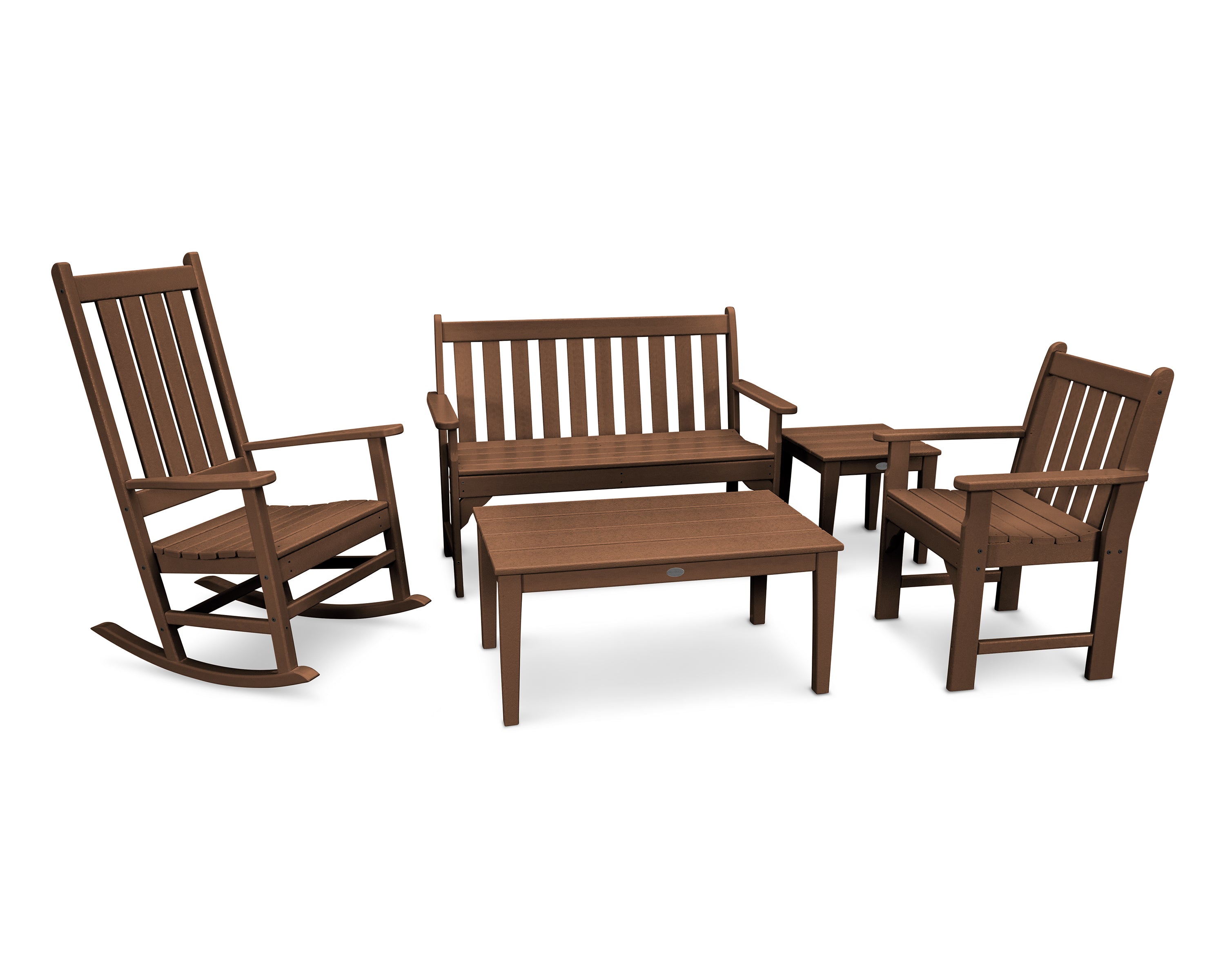 POLYWOOD Vineyard 5-Piece Bench & Rocking Chair Set in Teak