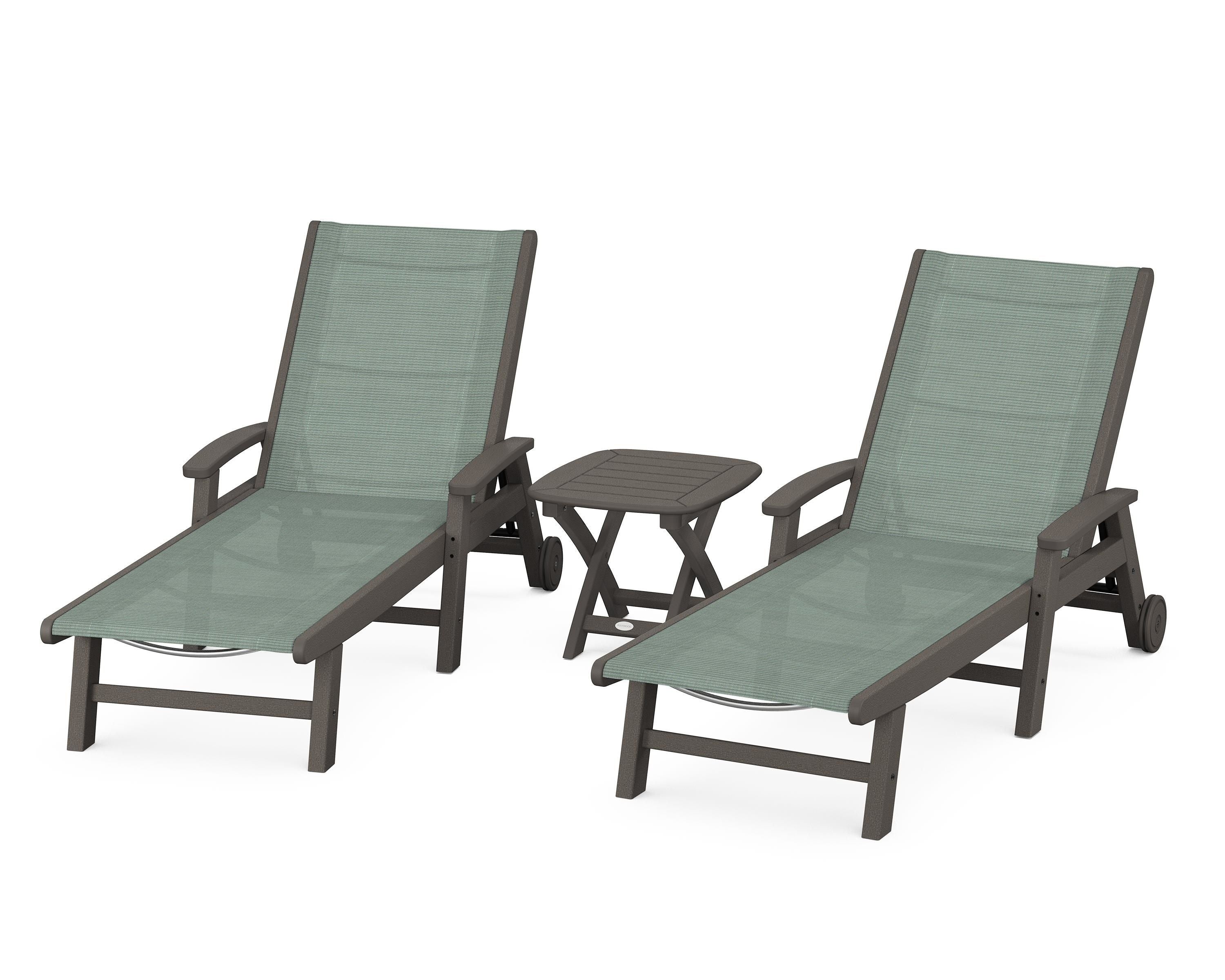 POLYWOOD Coastal 3-Piece Wheeled Chaise Set in Vintage Coffee / Dupioni Sea Mist Sling