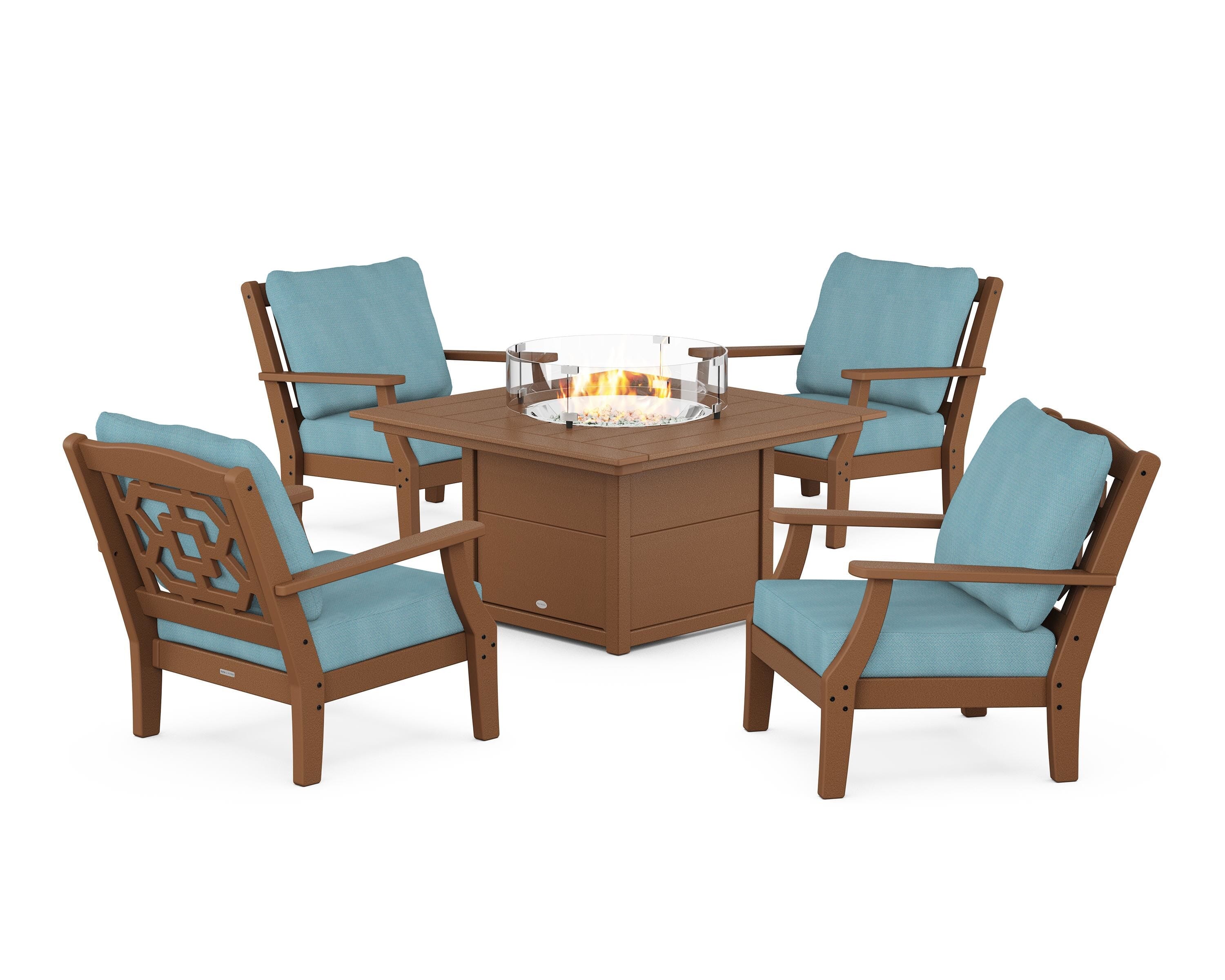 Martha Stewart by POLYWOOD Chinoiserie 5-Piece Deep Seating Set with Fire Pit Table in Teak / Lattice Sky Blue