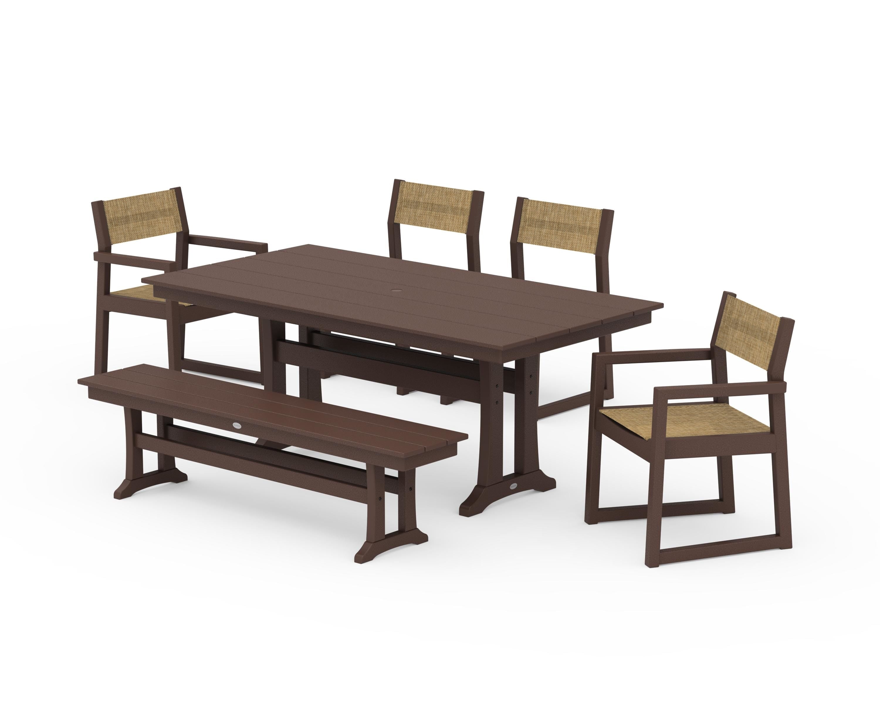 POLYWOOD EDGE Sling 6-Piece Farmhouse Dining Set With Trestle Legs in Mahogany / Burlap Sling
