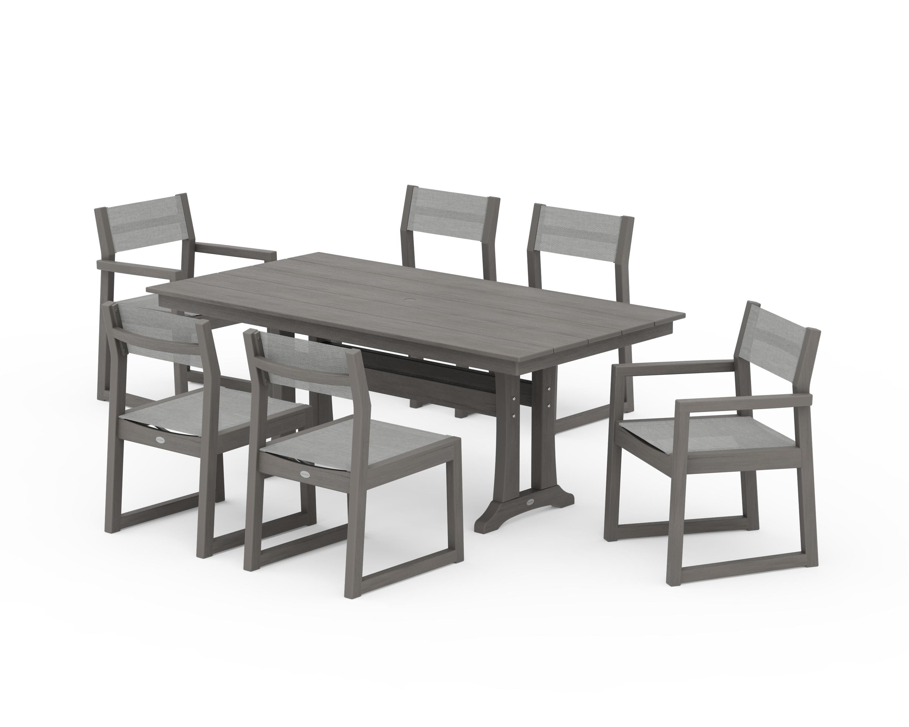 POLYWOOD EDGE Sling 7-Piece Farmhouse Trestle Dining Set in Driftwood / Metallic Sling