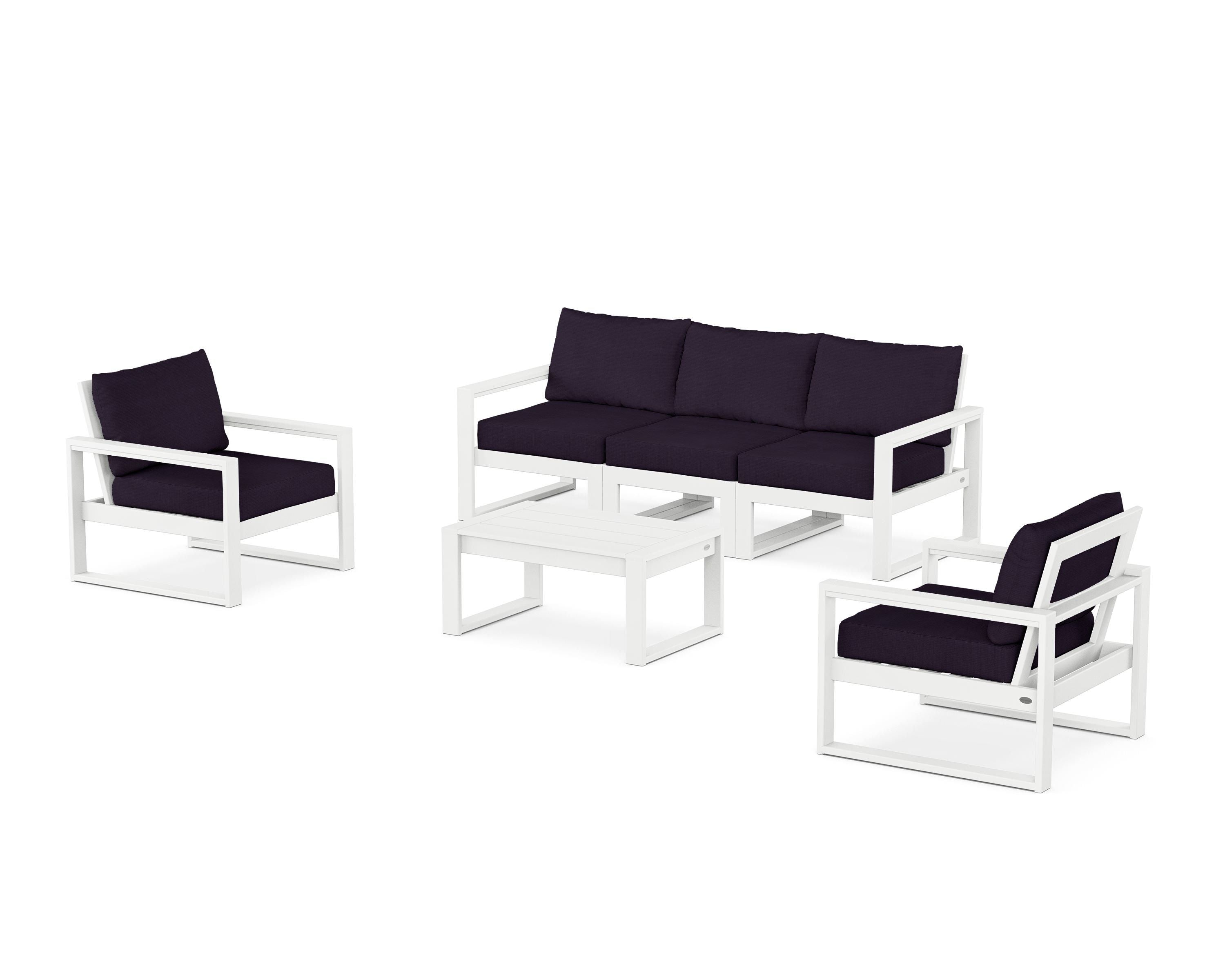 POLYWOOD EDGE Sectional 4-Piece Deep Seating Set with Sofa in White / Navy Linen