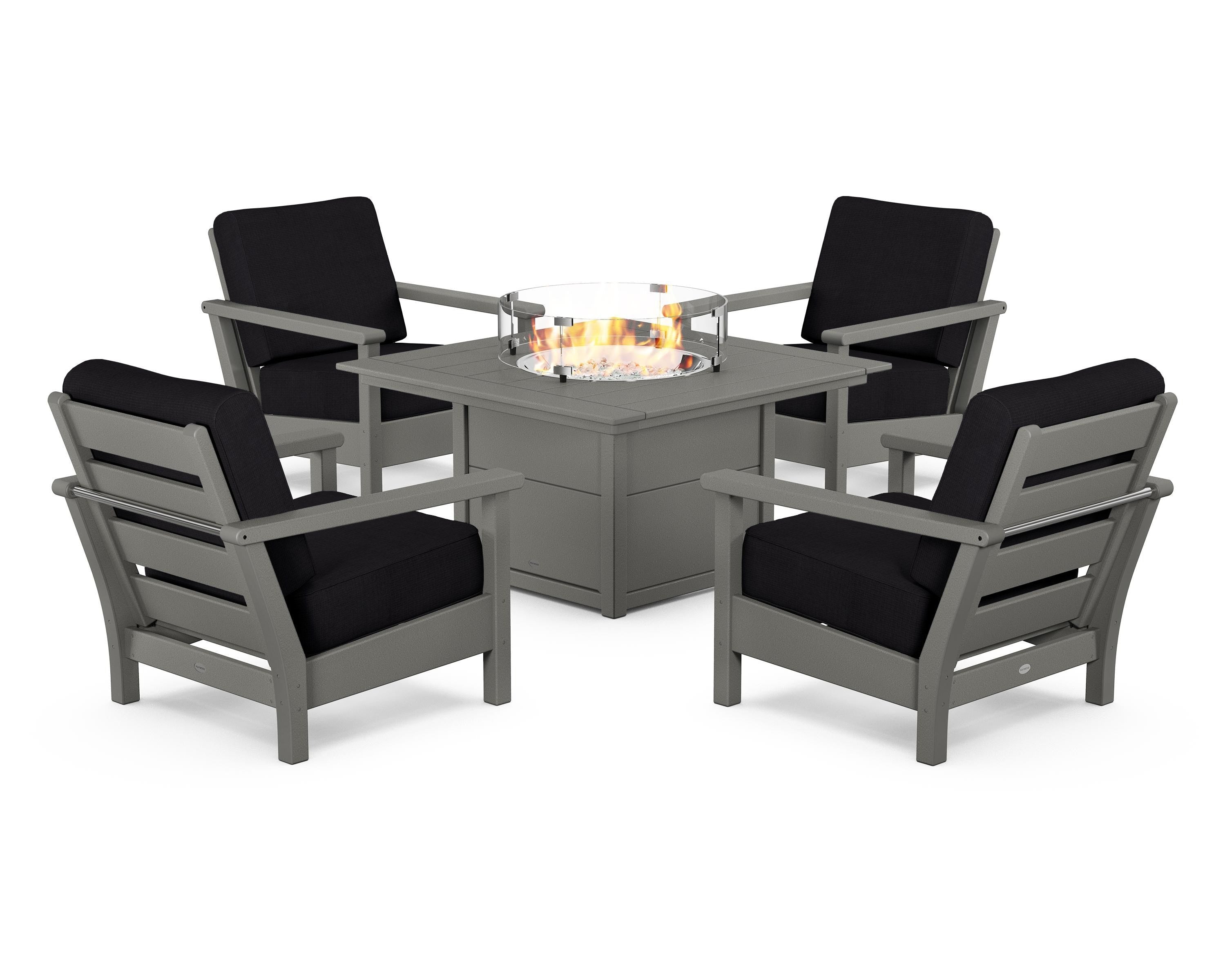 POLYWOOD Harbour 5-Piece Conversation Set with Fire Pit Table in Slate Grey / Midnight Linen