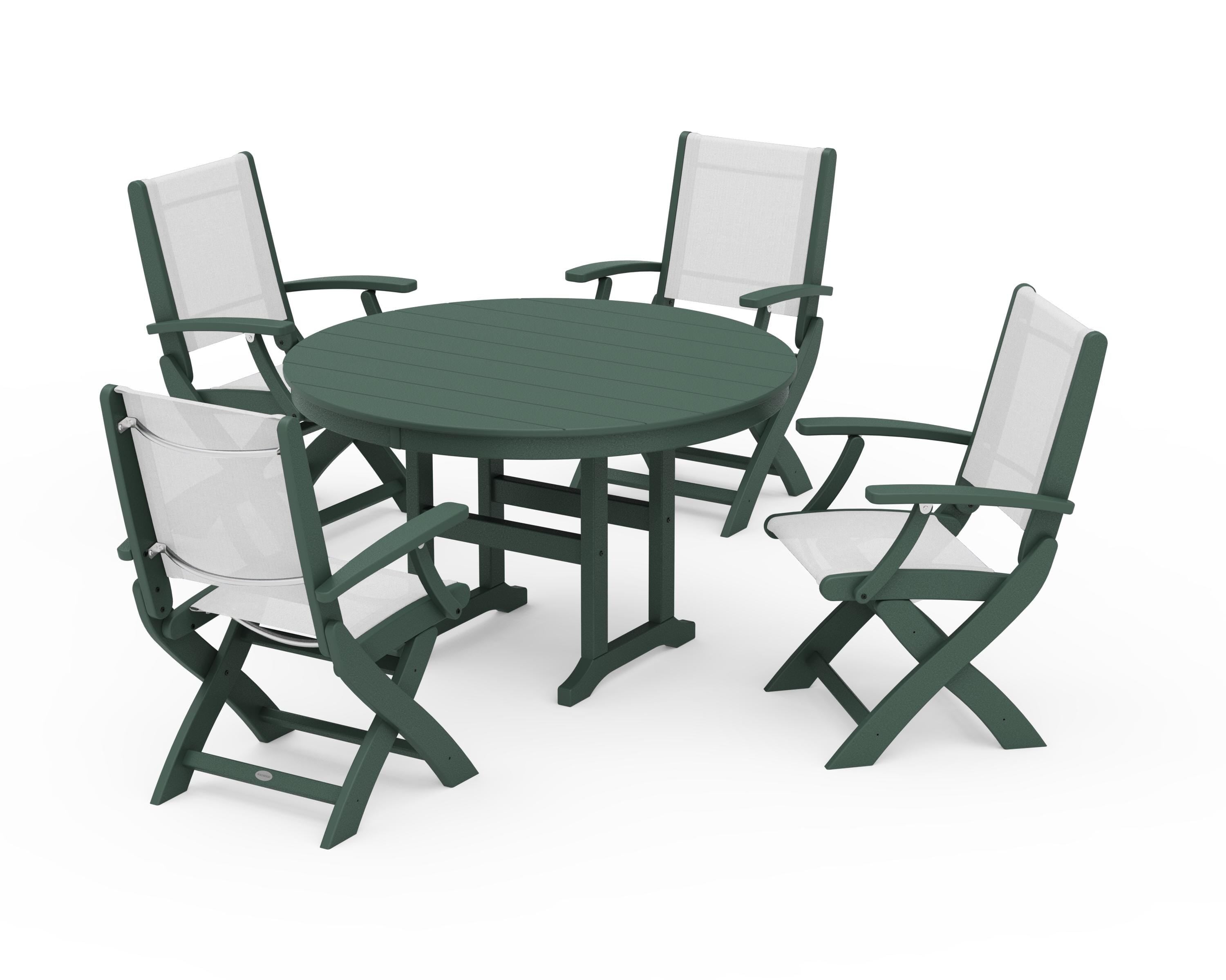 POLYWOOD Coastal Folding Chair 5-Piece Round Dining Set in Green / White Sling
