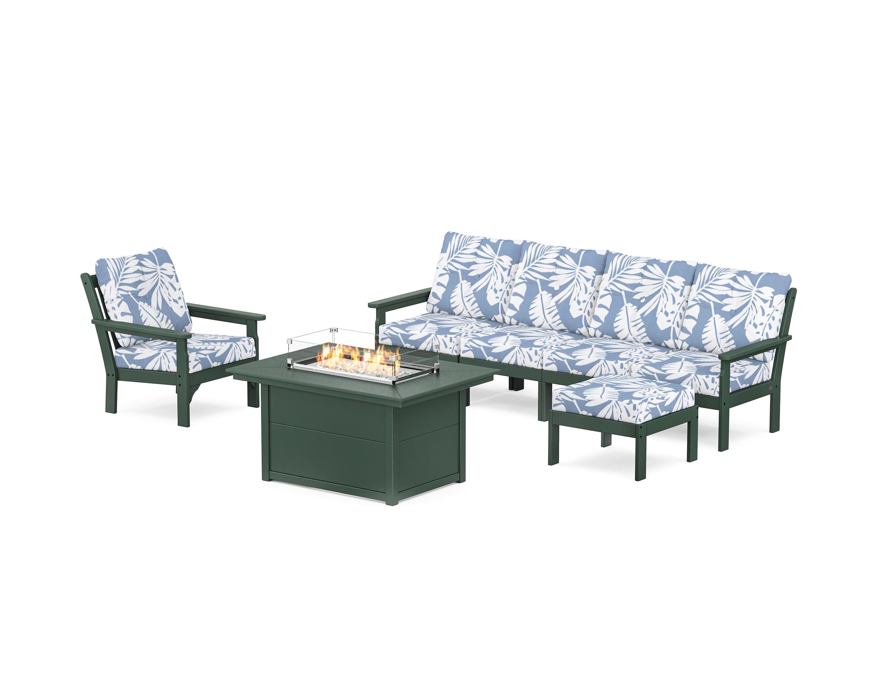 POLYWOOD Vineyard Sectional Lounge and Fire Pit Set in Green / Leaf Sky Blue