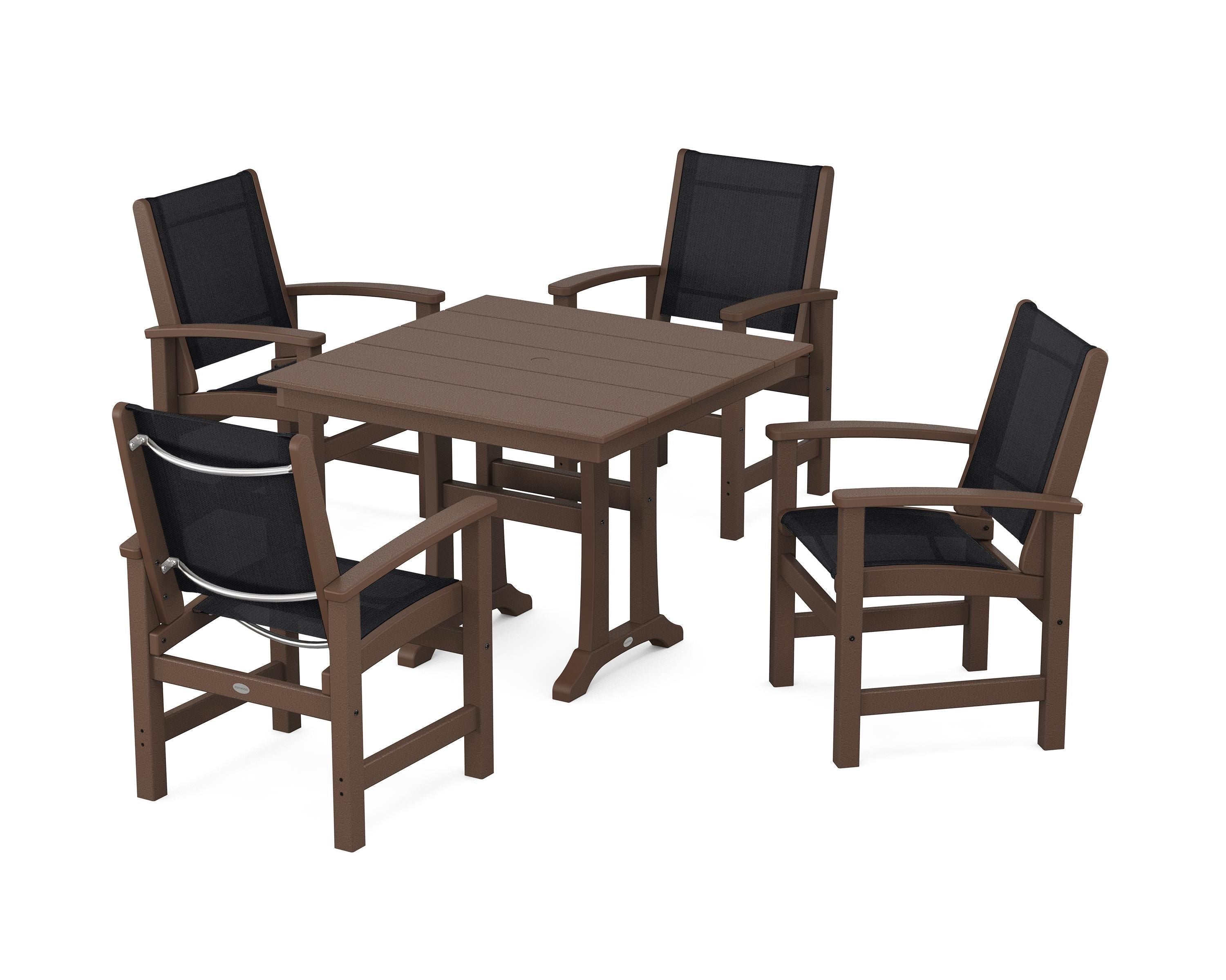 POLYWOOD Coastal 5-Piece Farmhouse Dining Set With Trestle Legs in Mahogany / Black Sling