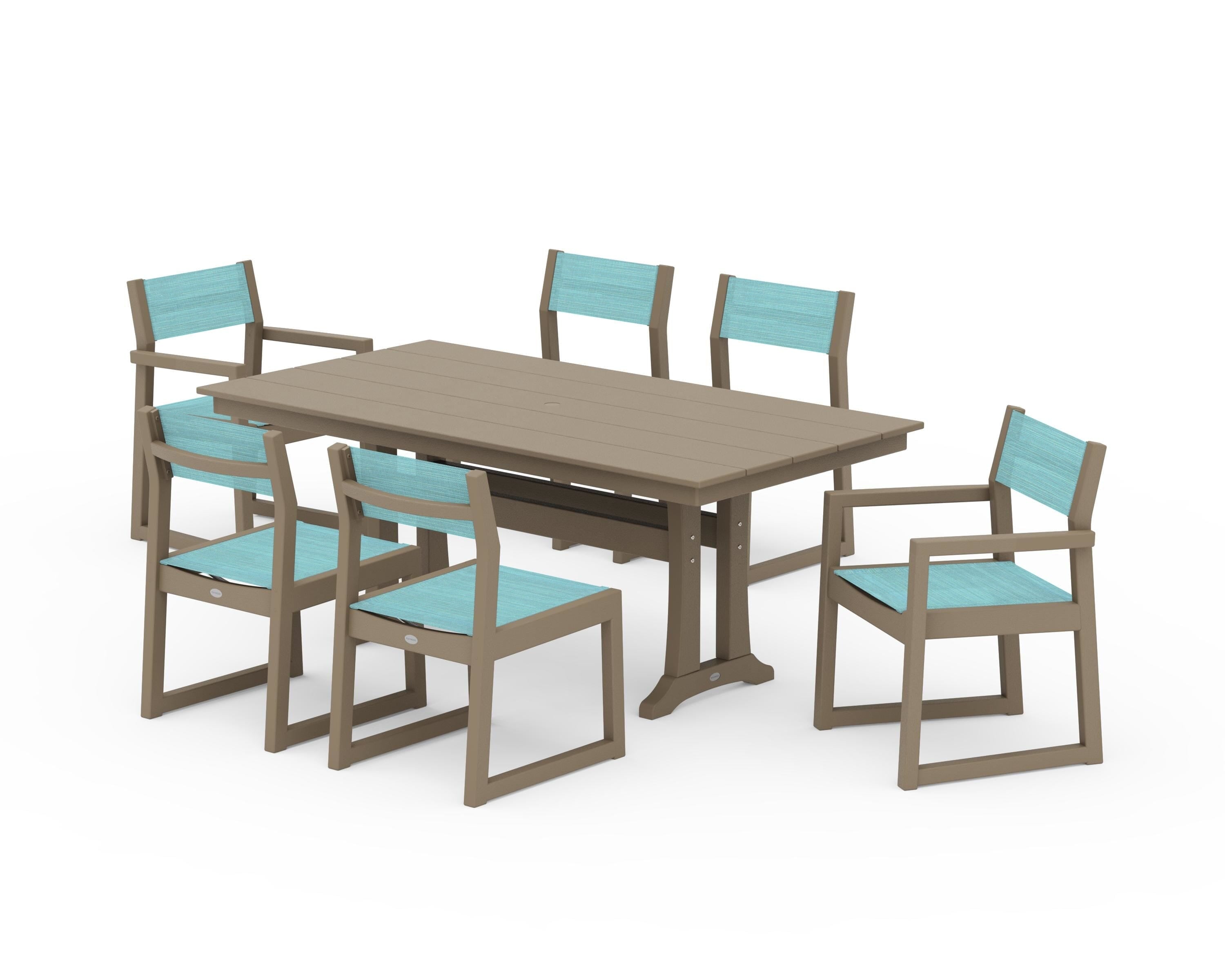 POLYWOOD EDGE Sling 7-Piece Farmhouse Trestle Dining Set in Vintage Sahara / Dupioni Aquamarine Sling