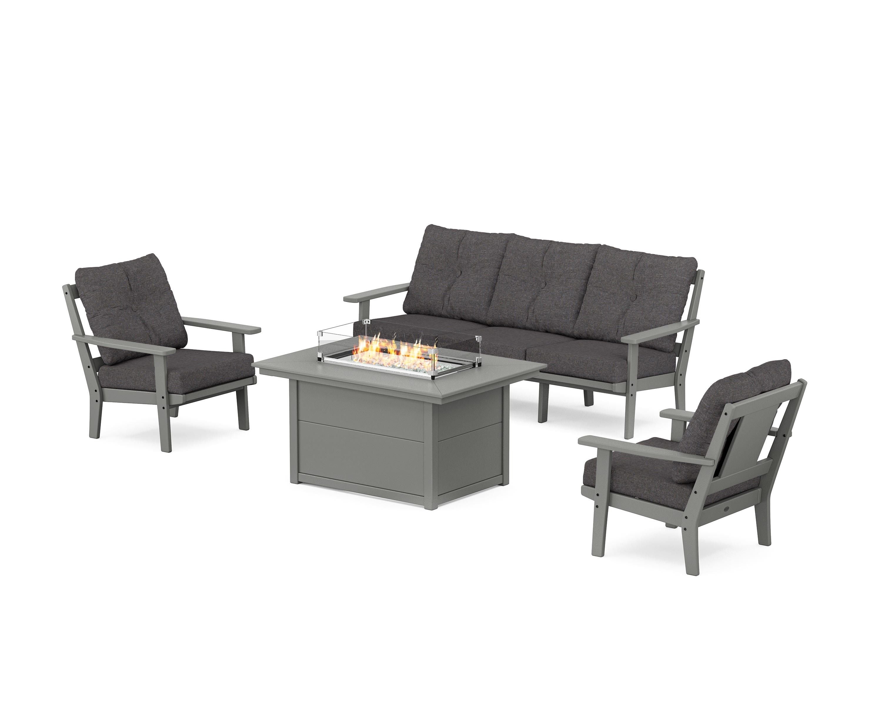 POLYWOOD Prairie Deep Seating Fire Pit Table Set in Slate Grey / Ash Charcoal