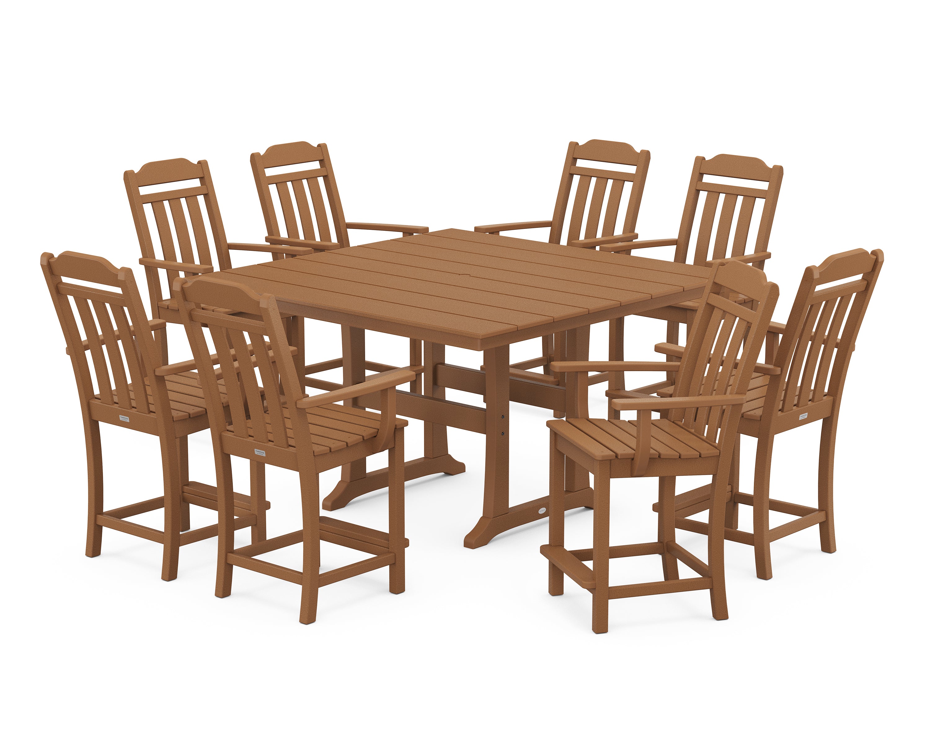 POLYWOOD Country Living 9-Piece Square Farmhouse Counter Set with Trestle Legs in Teak