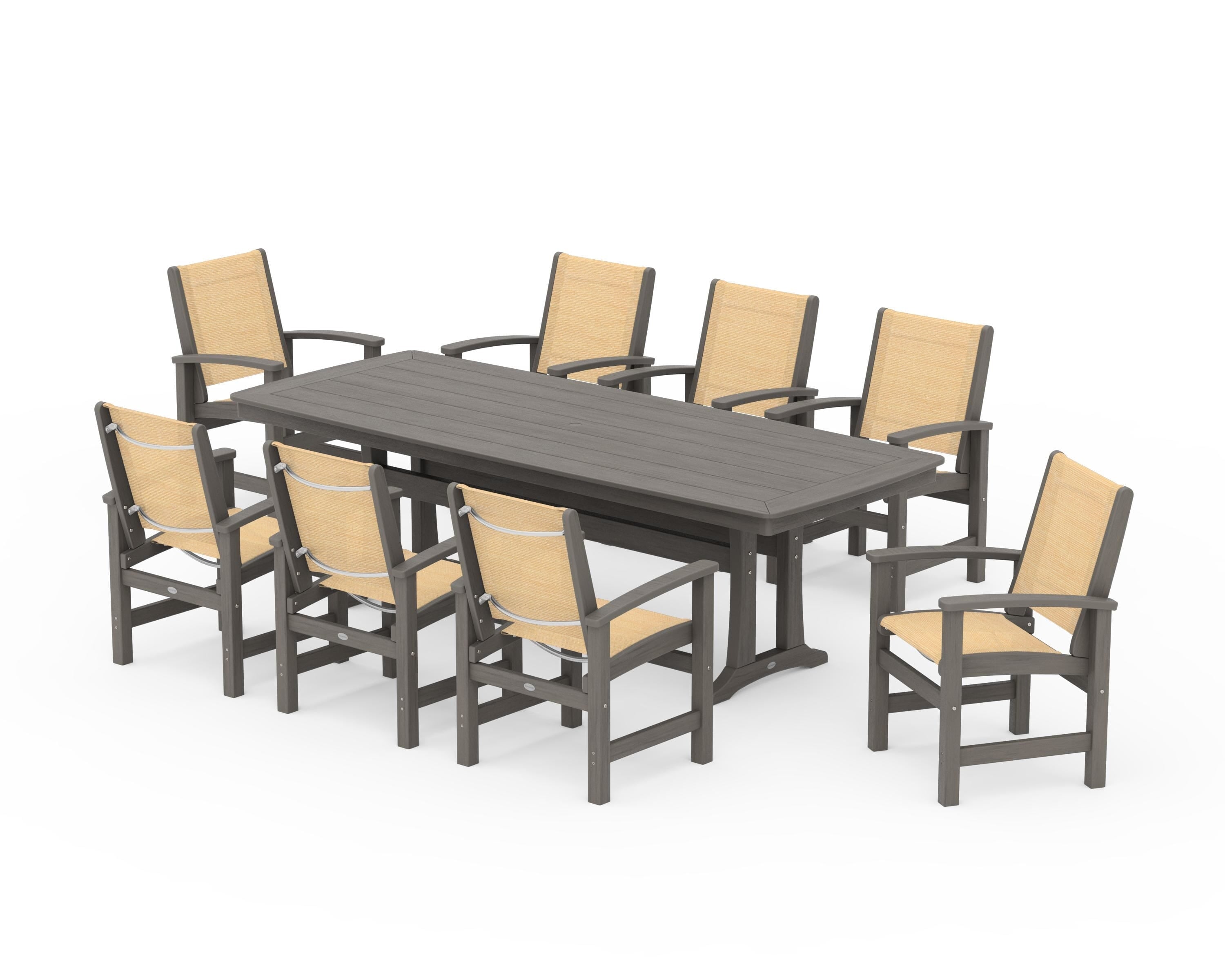 POLYWOOD Coastal 9-Piece Dining Set with Trestle Legs in Driftwood / Dupioni Apricot Sling