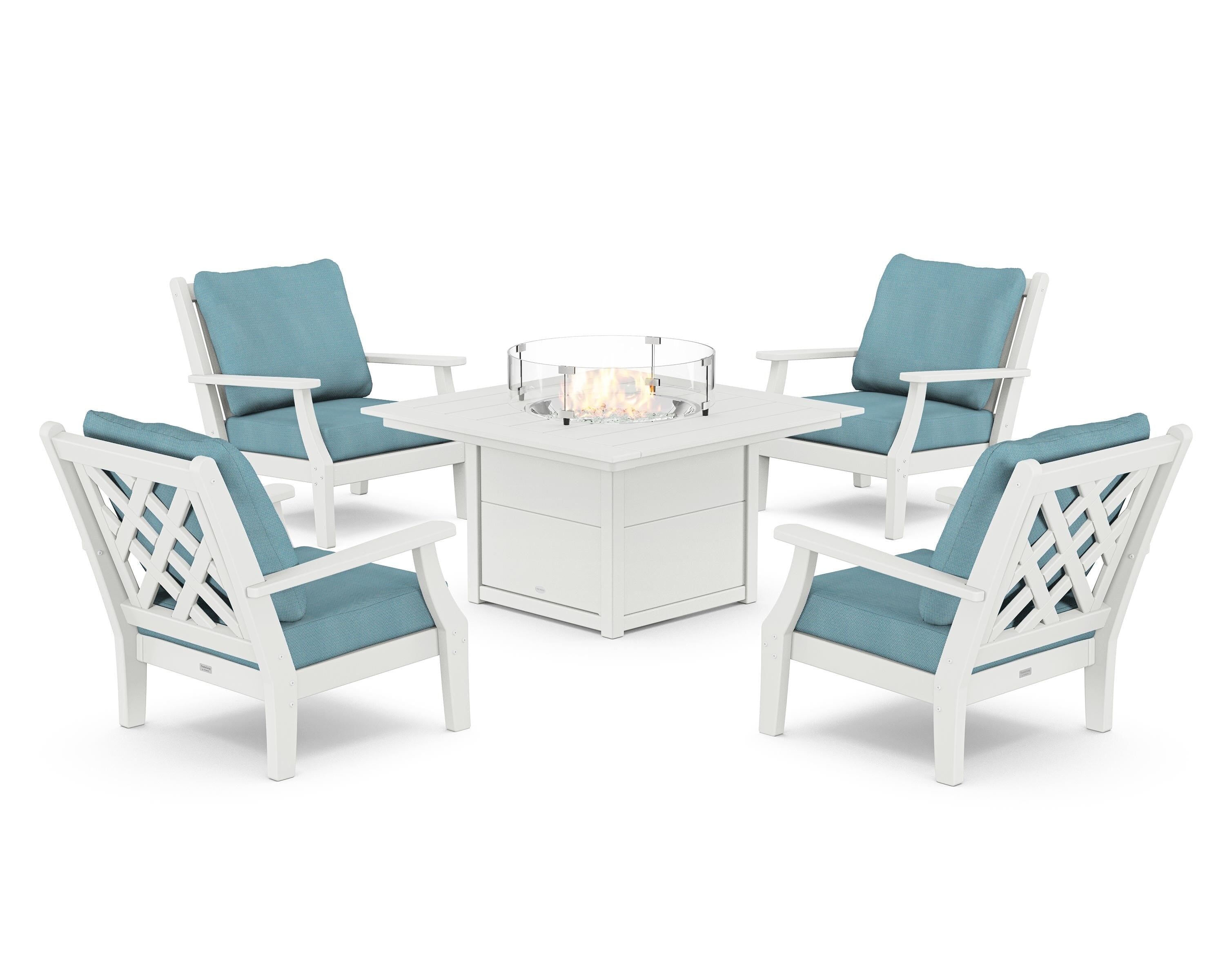 Country Living Wovendale 5-Piece Deep Seating Set with Fire Pit Table in White / Lattice Sky Blue
