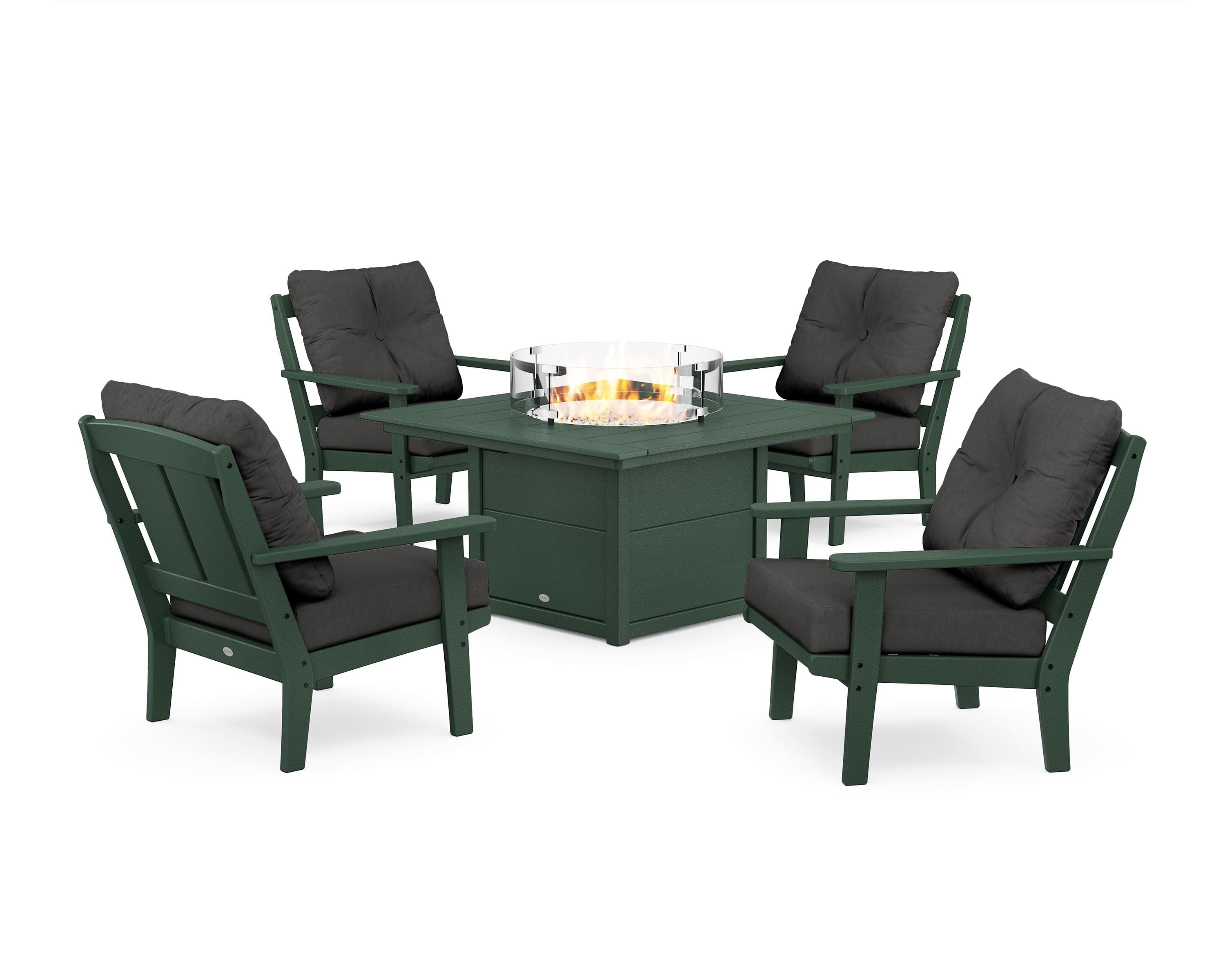 POLYWOOD Mission 5-Piece Deep Seating Set with Fire Pit Table in Green / Spectrum Carbon