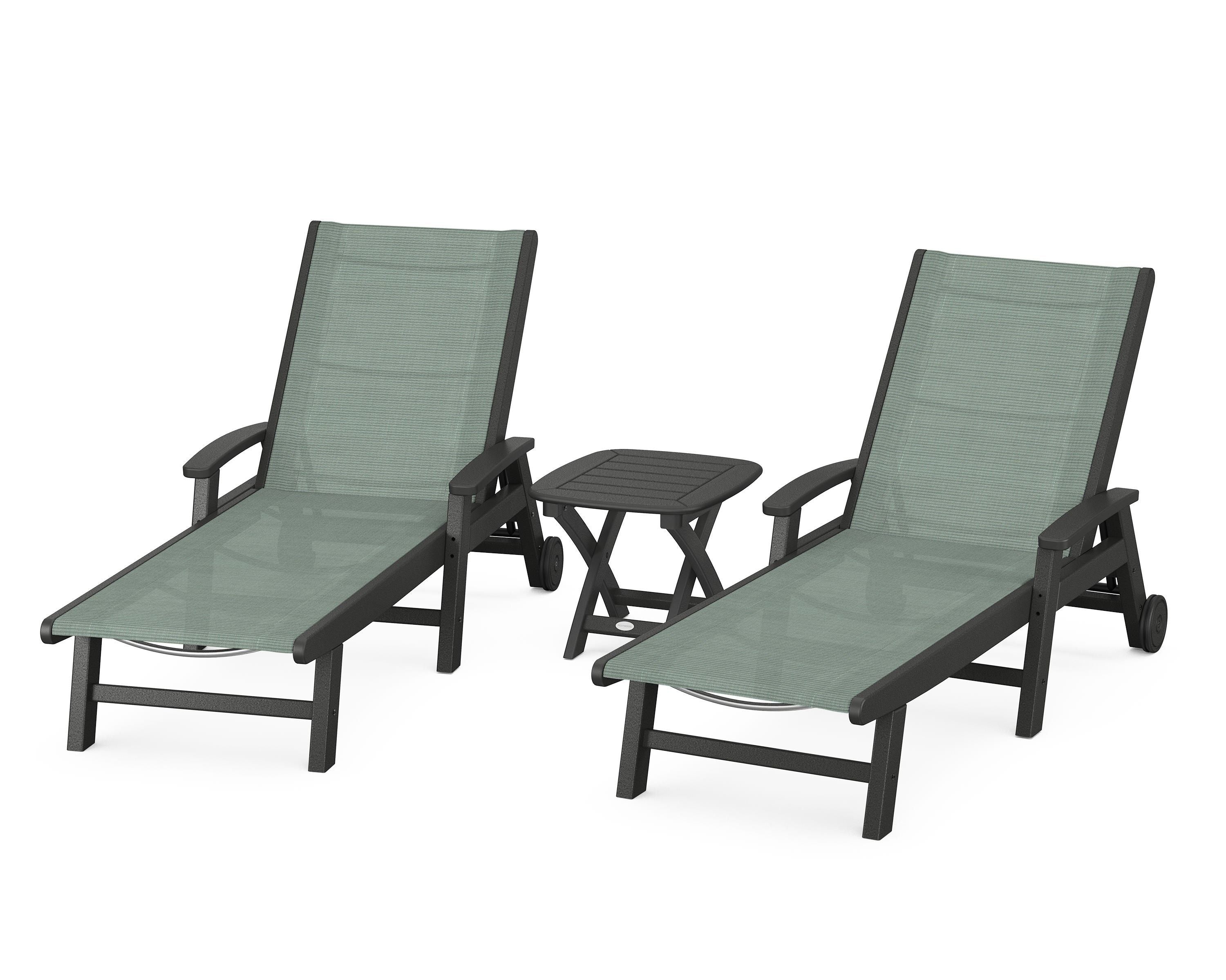 POLYWOOD Coastal 3-Piece Wheeled Chaise Set in Black / Dupioni Sea Mist Sling