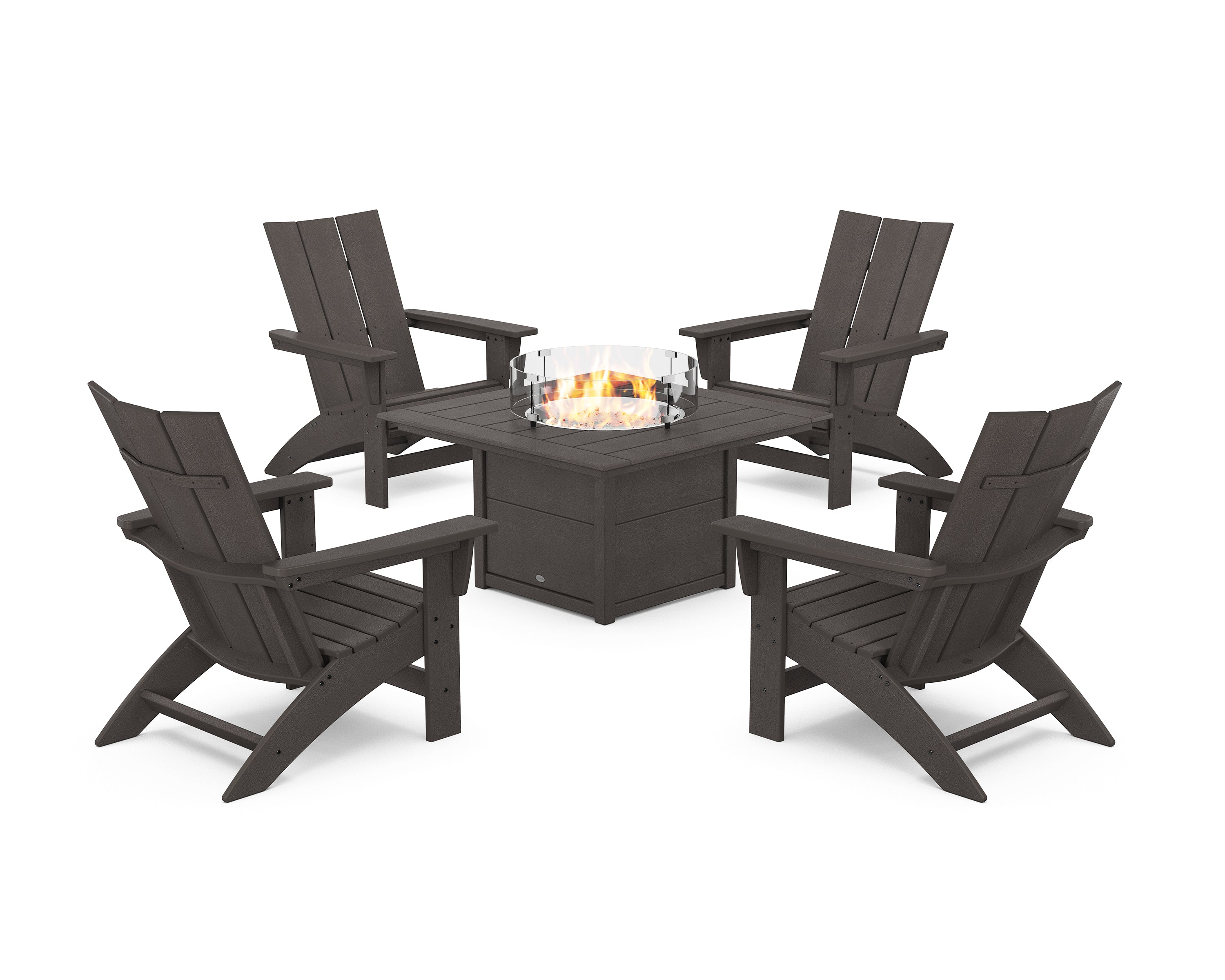 POLYWOOD® 5-Piece Modern Grand Adirondack Conversation Set with Fire Pit Table in Vintage Coffee