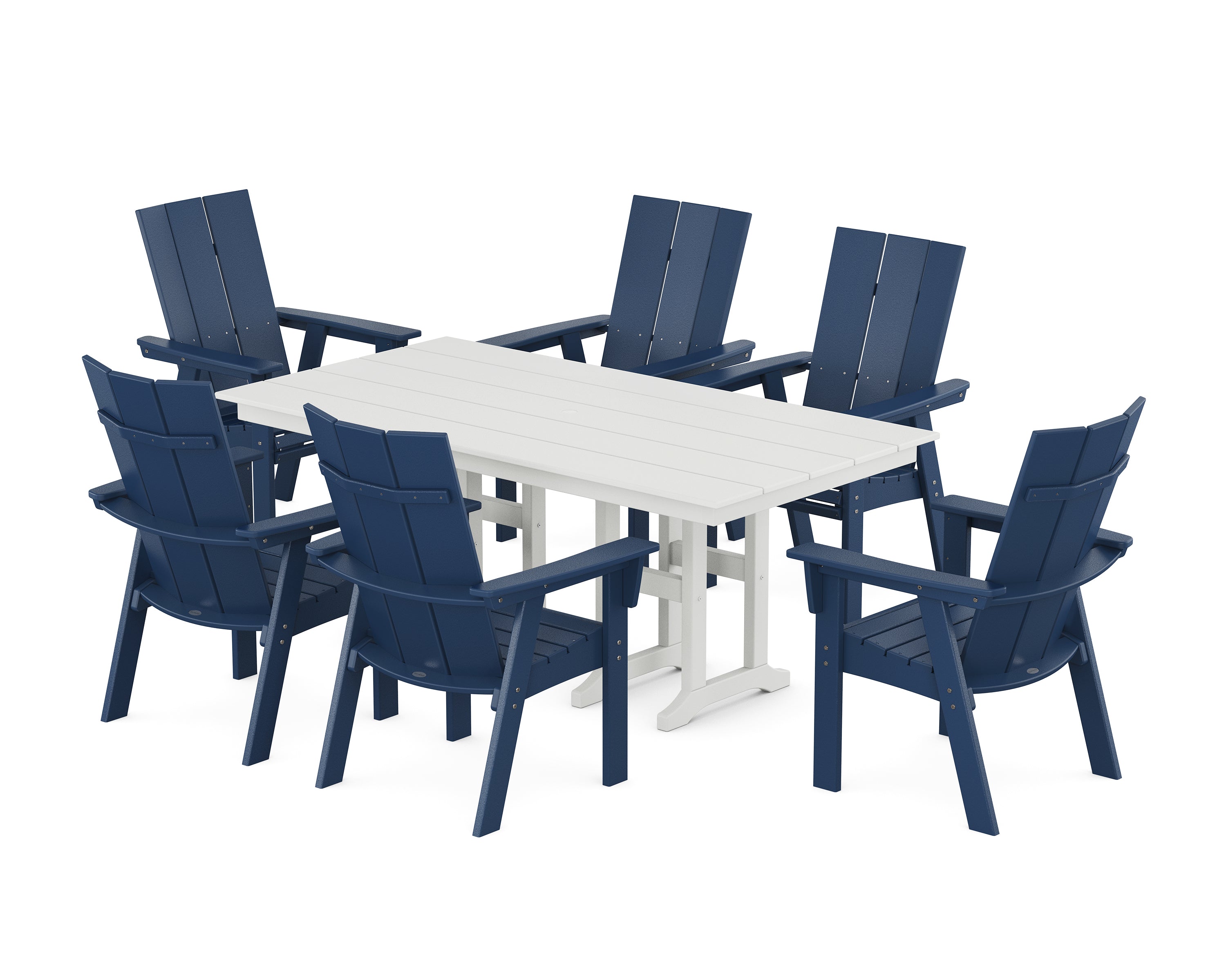 POLYWOOD Modern Curveback Adirondack 7-Piece Farmhouse Dining Set in Navy / White