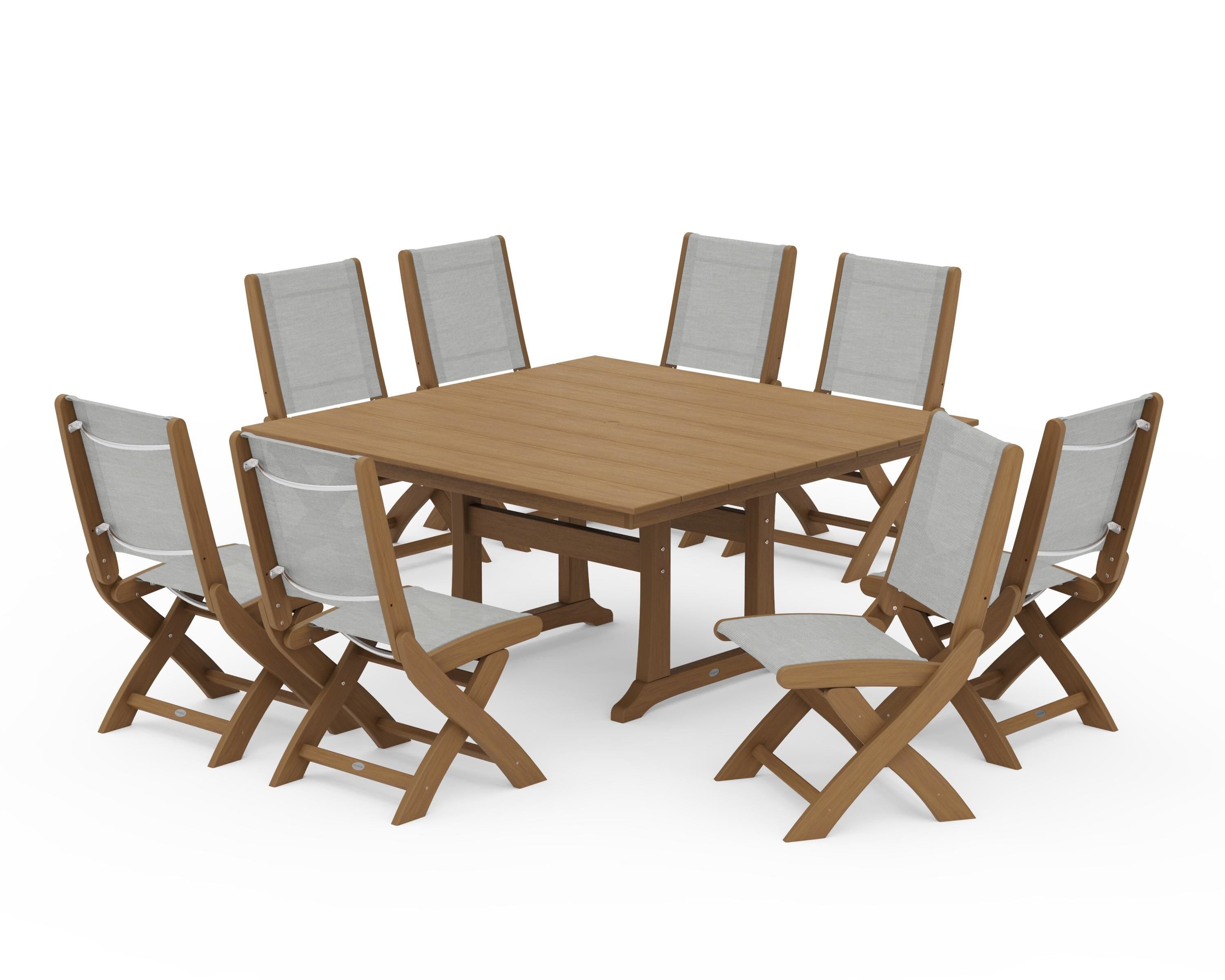 POLYWOOD Coastal Folding Side Chair 9-Piece Farmhouse Dining Set in Natural / Metallic Sling