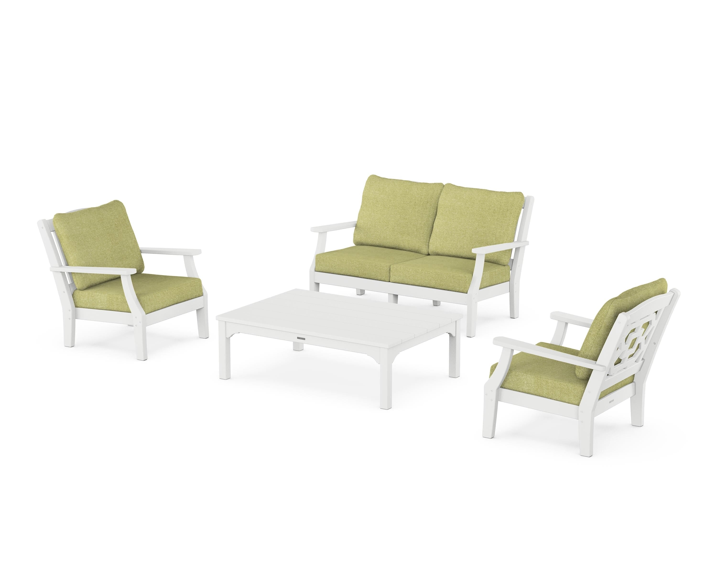 Martha Stewart by POLYWOOD Chinoiserie 4-Piece Deep Seating Set with Loveseat in White / Chartreuse Boucle