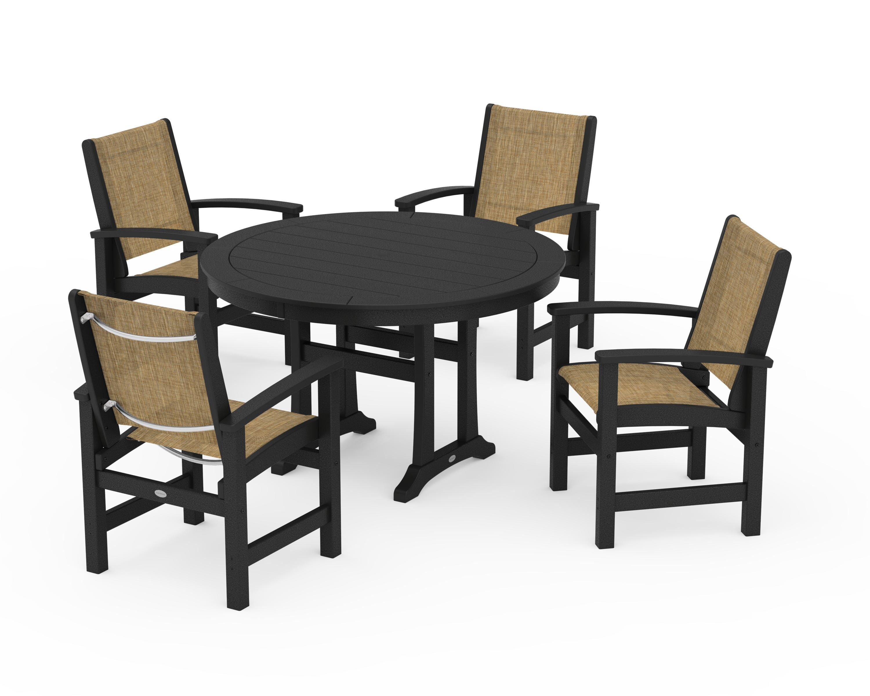 POLYWOOD Coastal 5-Piece Round Dining Set with Trestle Legs in Black / Burlap Sling