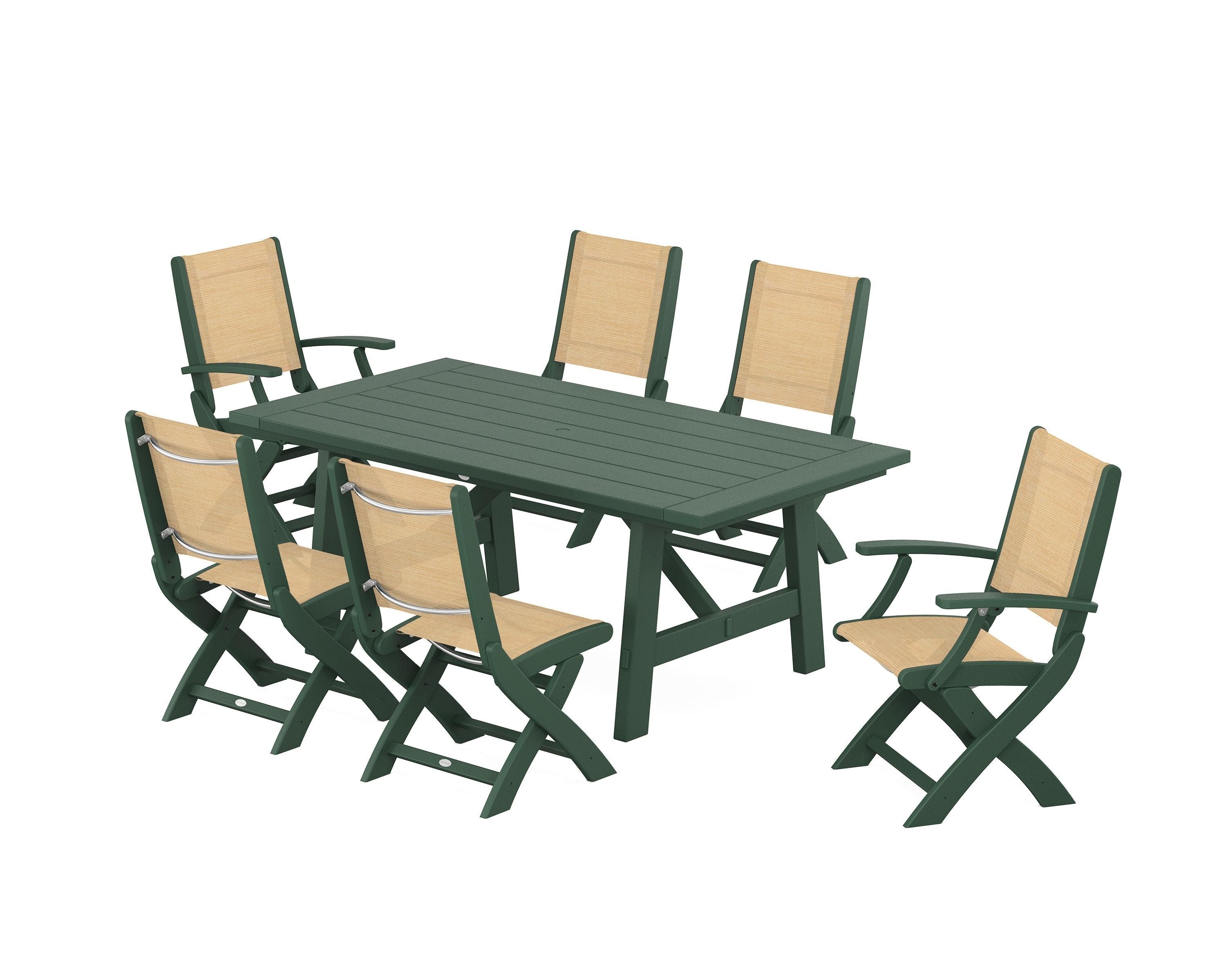 POLYWOOD Coastal Folding Chair 7-Piece Rustic Farmhouse Dining Set in Green / Dupioni Apricot Sling
