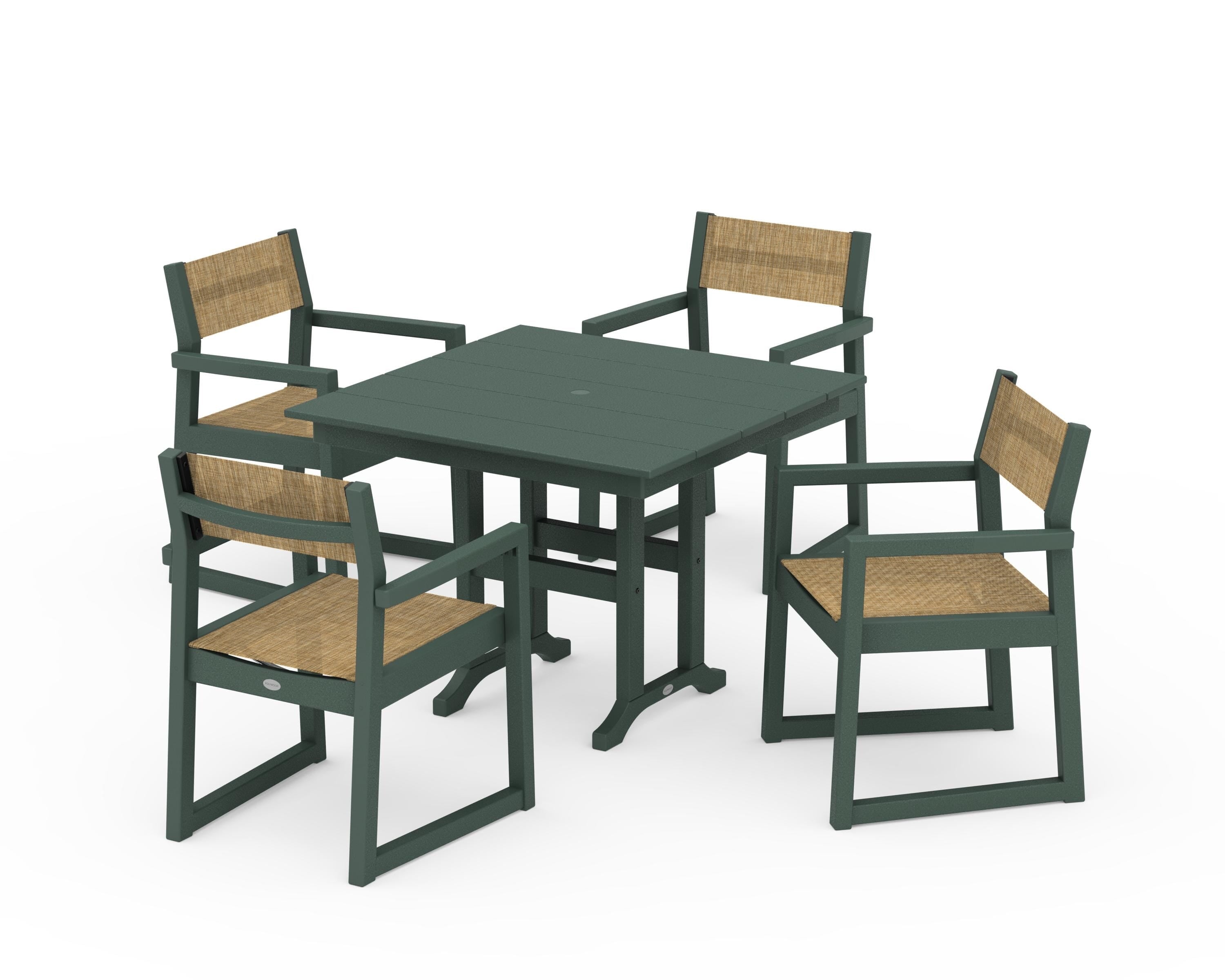 POLYWOOD EDGE Sling Arm Chair 5-Piece Farmhouse Dining Set in Green / Burlap Sling