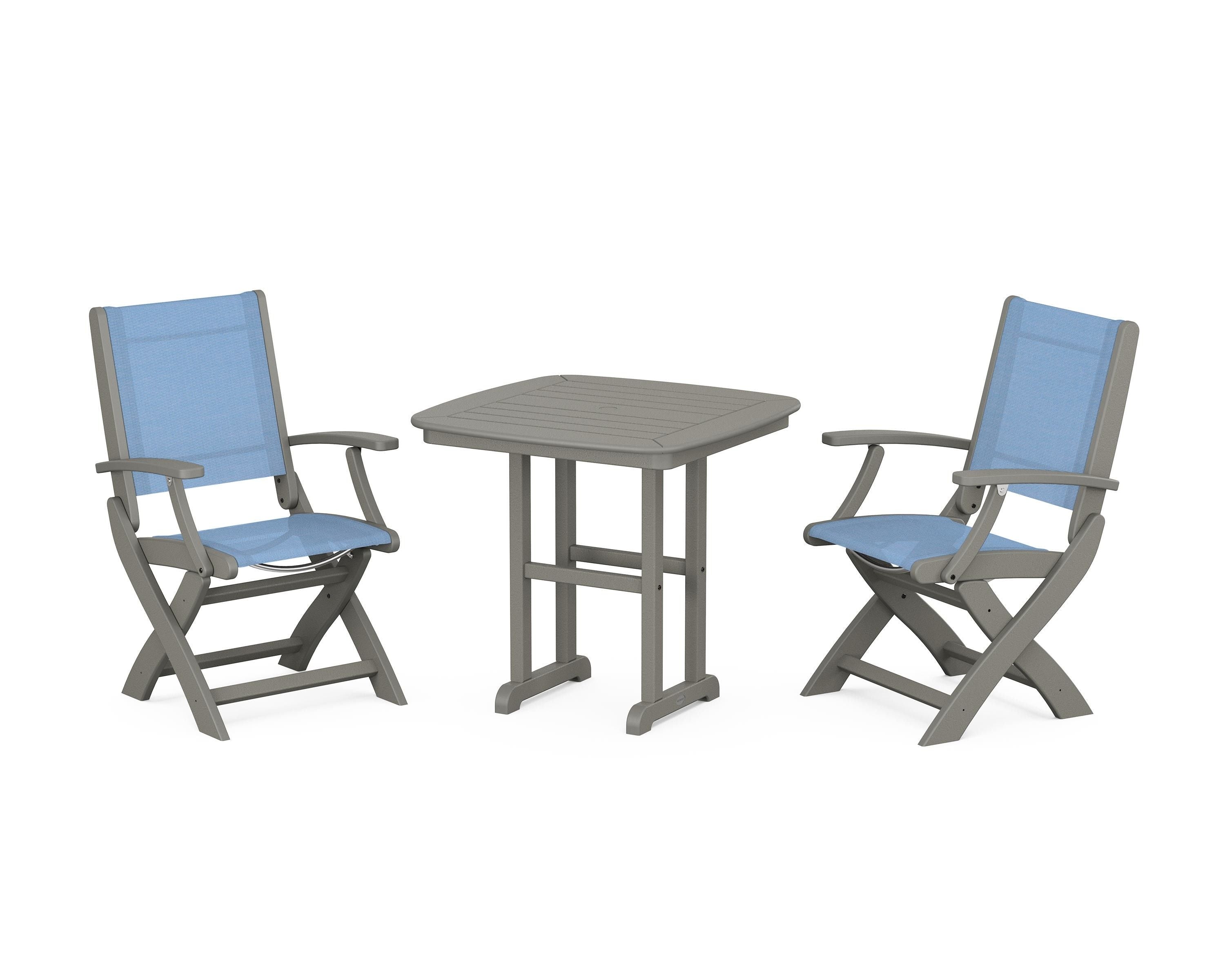 POLYWOOD Coastal Folding Chair 3-Piece Dining Set in Slate Grey / Poolside Sling