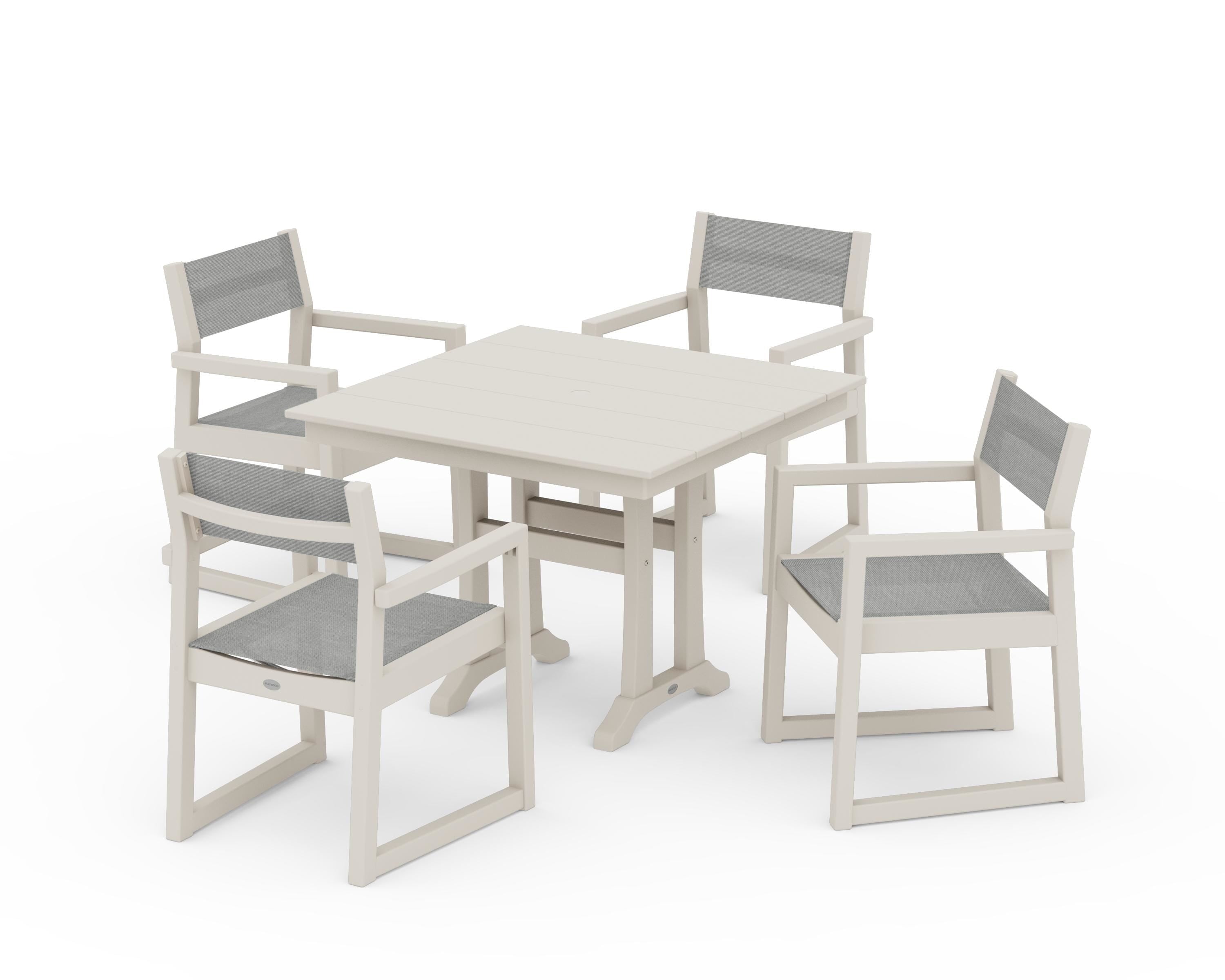 POLYWOOD EDGE Sling 5-Piece Farmhouse Dining Set with Trestle Legs in Sand / Metallic Sling