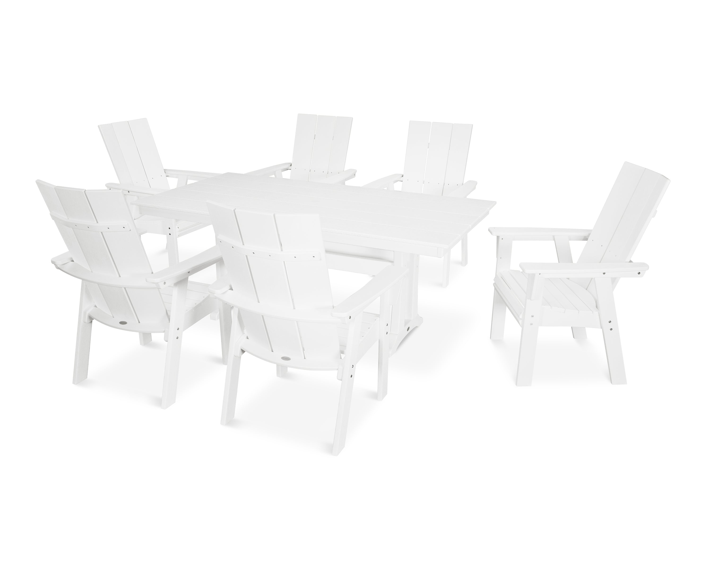 POLYWOOD® Modern Curveback Adirondack 7-Piece Farmhouse Dining Set with Trestle Legs in White