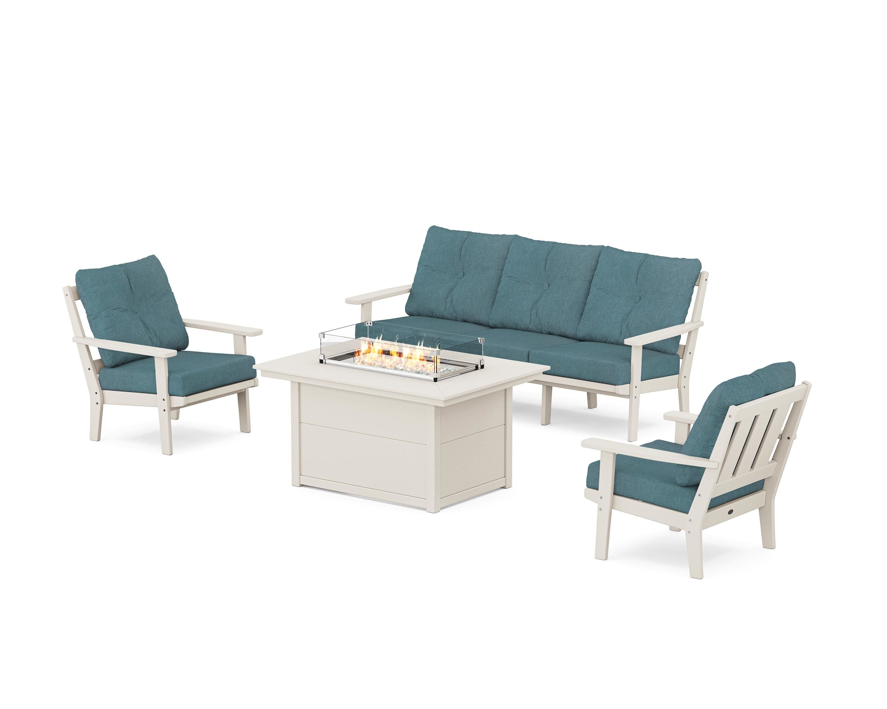 POLYWOOD Oxford Deep Seating Fire Pit Table Set in Sand / Ocean Teal