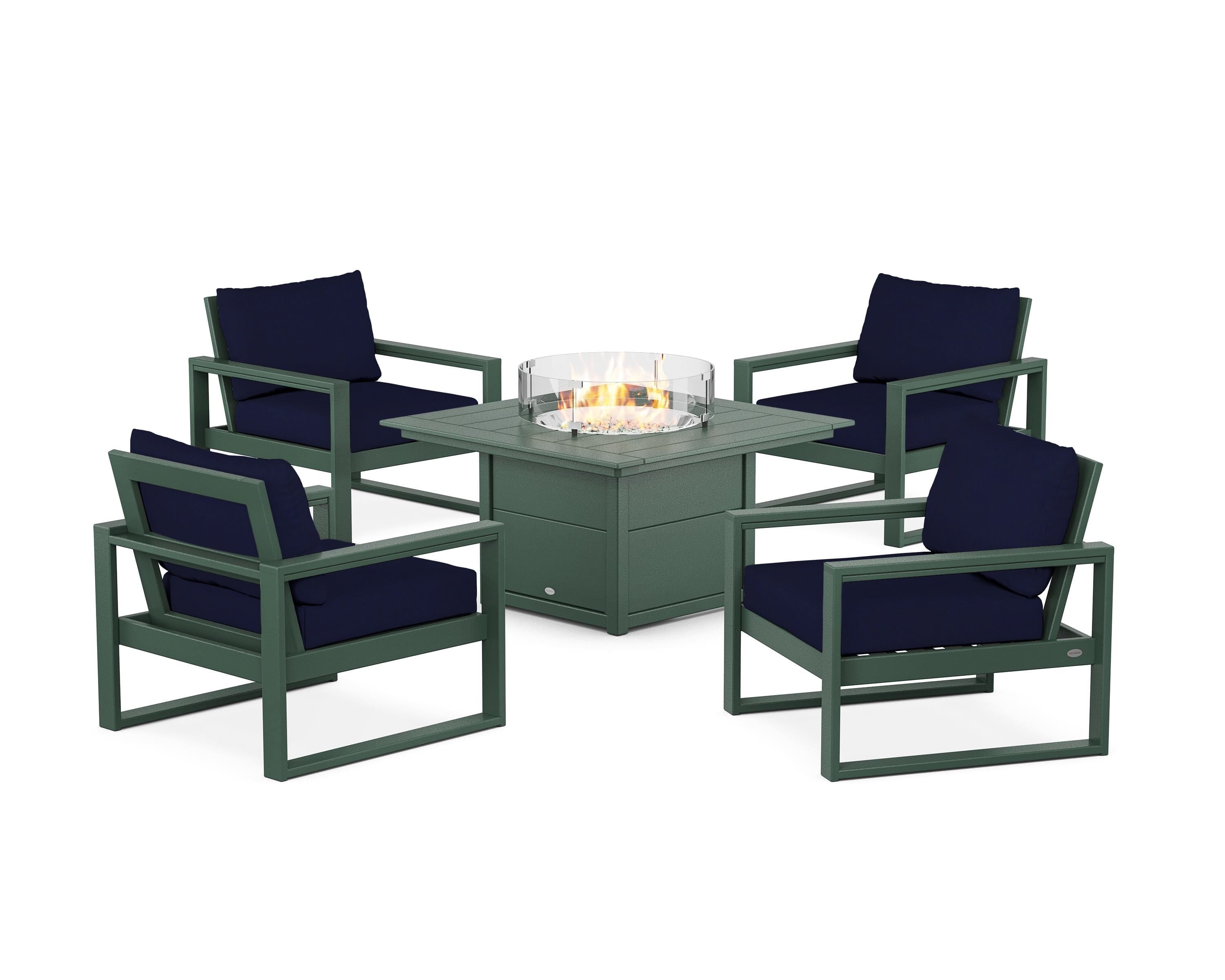 POLYWOOD EDGE Sectional 5-Piece Deep Seating Set with Fire Pit Table in Green / Navy