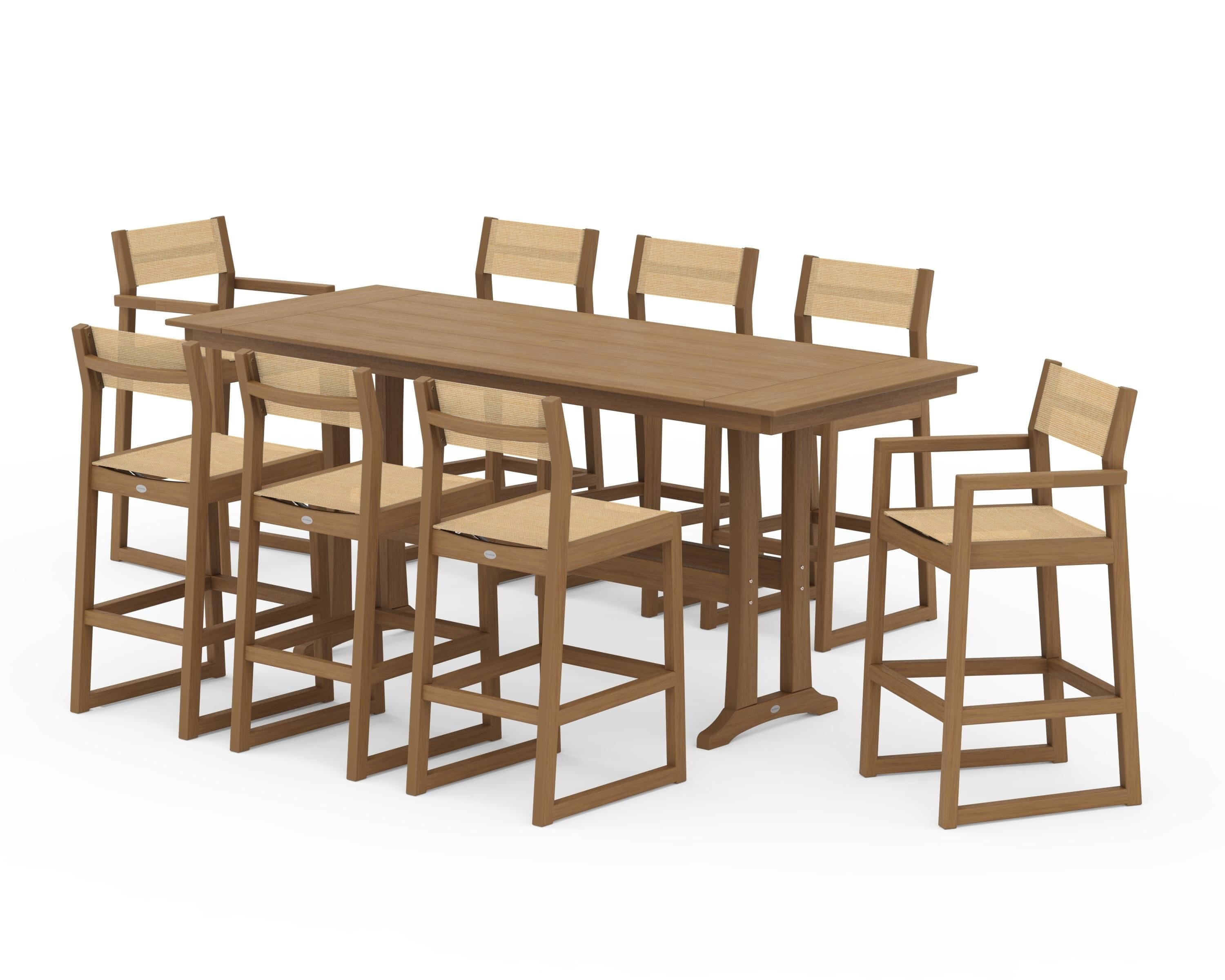 POLYWOOD EDGE Sling 9-Piece Farmhouse Bar Set with Trestle Legs in Natural / Dupioni Apricot Sling