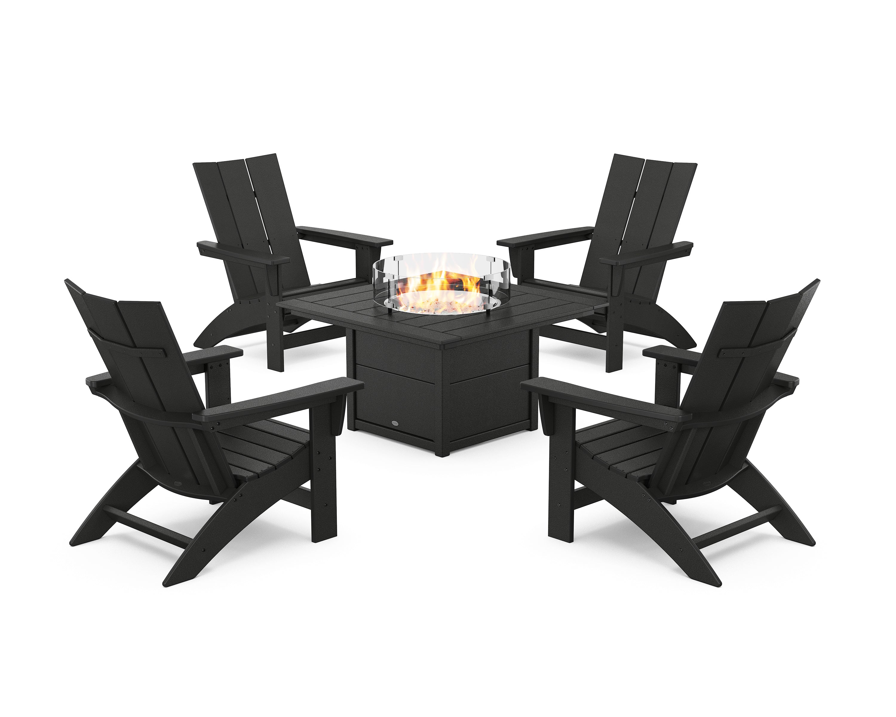 POLYWOOD® 5-Piece Modern Grand Adirondack Conversation Set with Fire Pit Table in Black