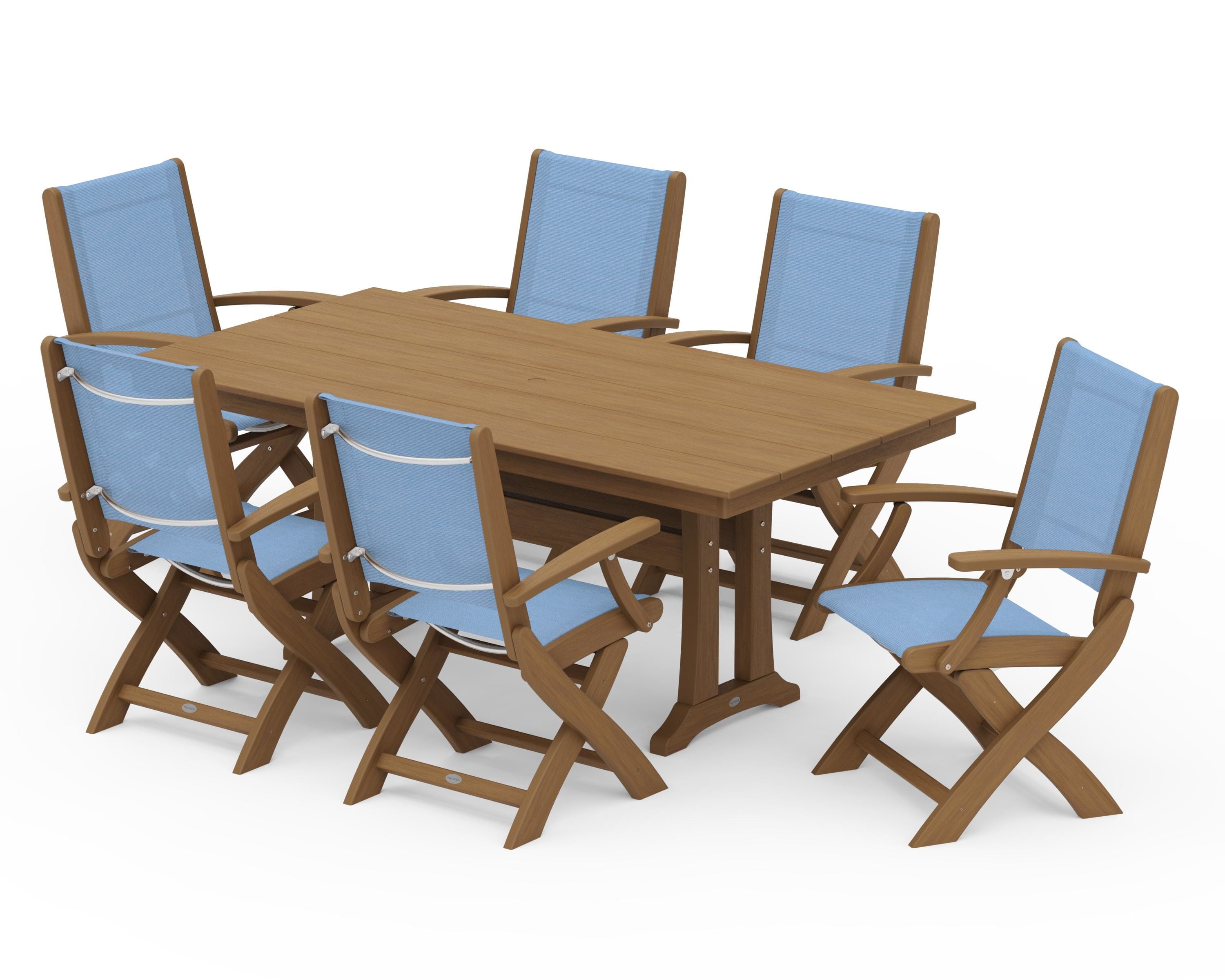 POLYWOOD Coastal Folding Arm Chair 7-Piece Farmhouse Dining Set with Trestle Legs in Natural / Poolside Sling