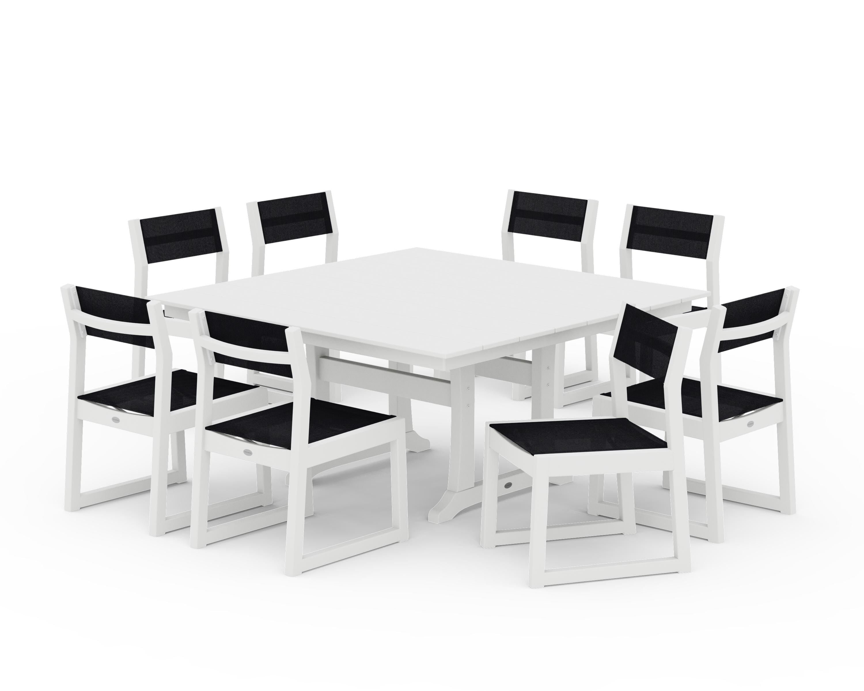 POLYWOOD EDGE Sling Side Chair 9-Piece Farmhouse Trestle Dining Set in White / Black Sling