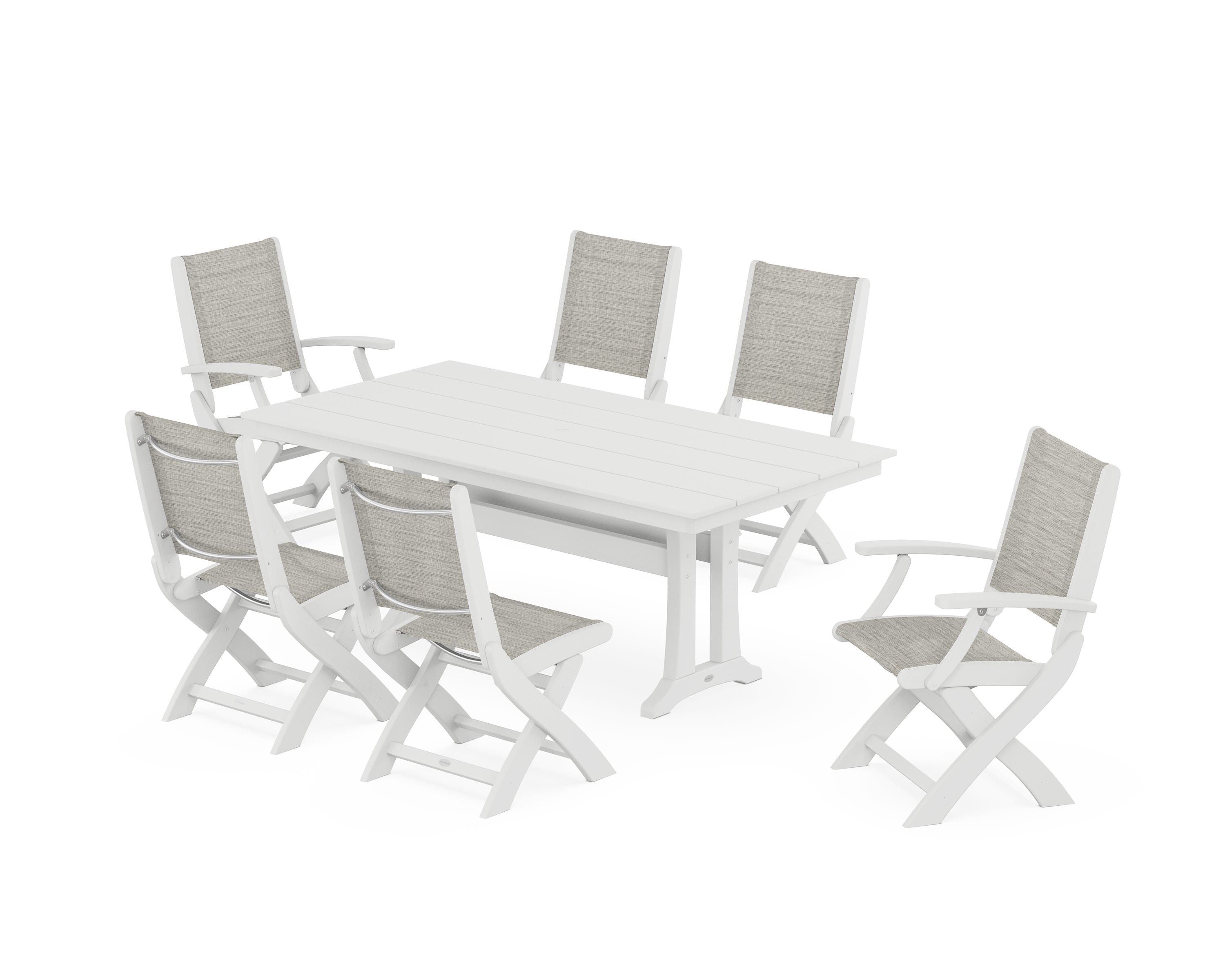 POLYWOOD Coastal Folding Chair 7-Piece Farmhouse Dining Set with Trestle Legs in White / Birch Sling