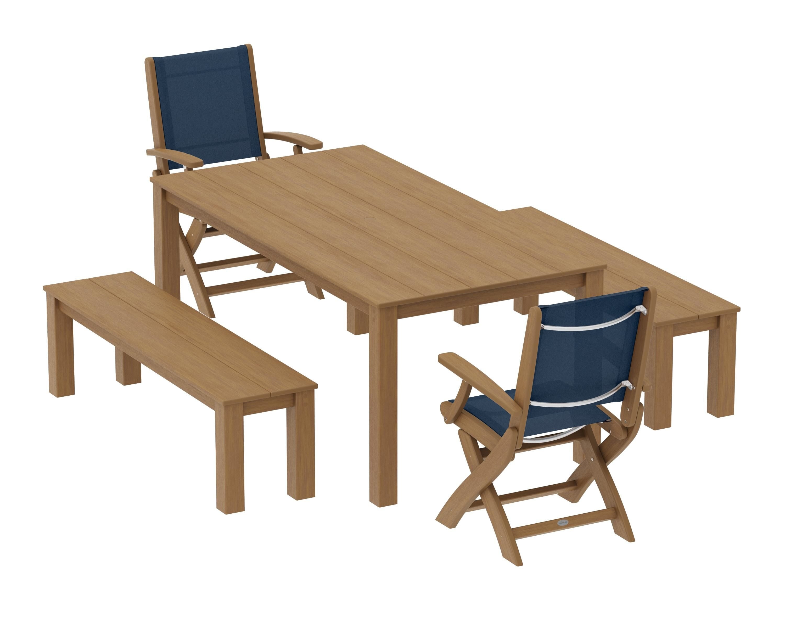 POLYWOOD Coastal Folding Chair 5-Piece Parsons Dining Set with Benches in Natural / Navy Blue Sling