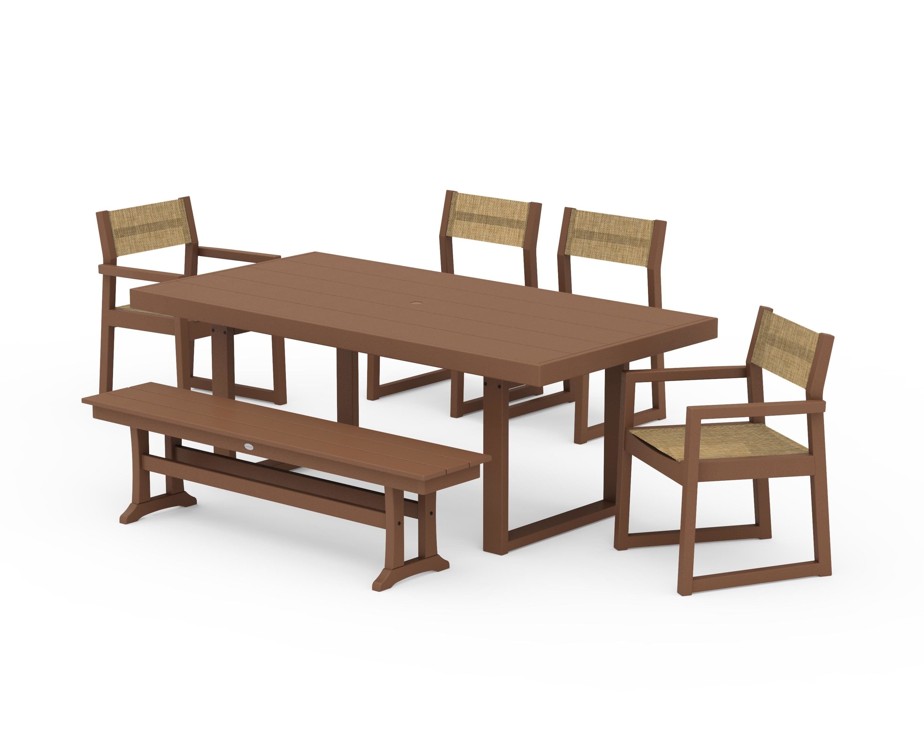 POLYWOOD EDGE Sling 6-Piece Dining Set with Bench in Teak / Burlap Sling