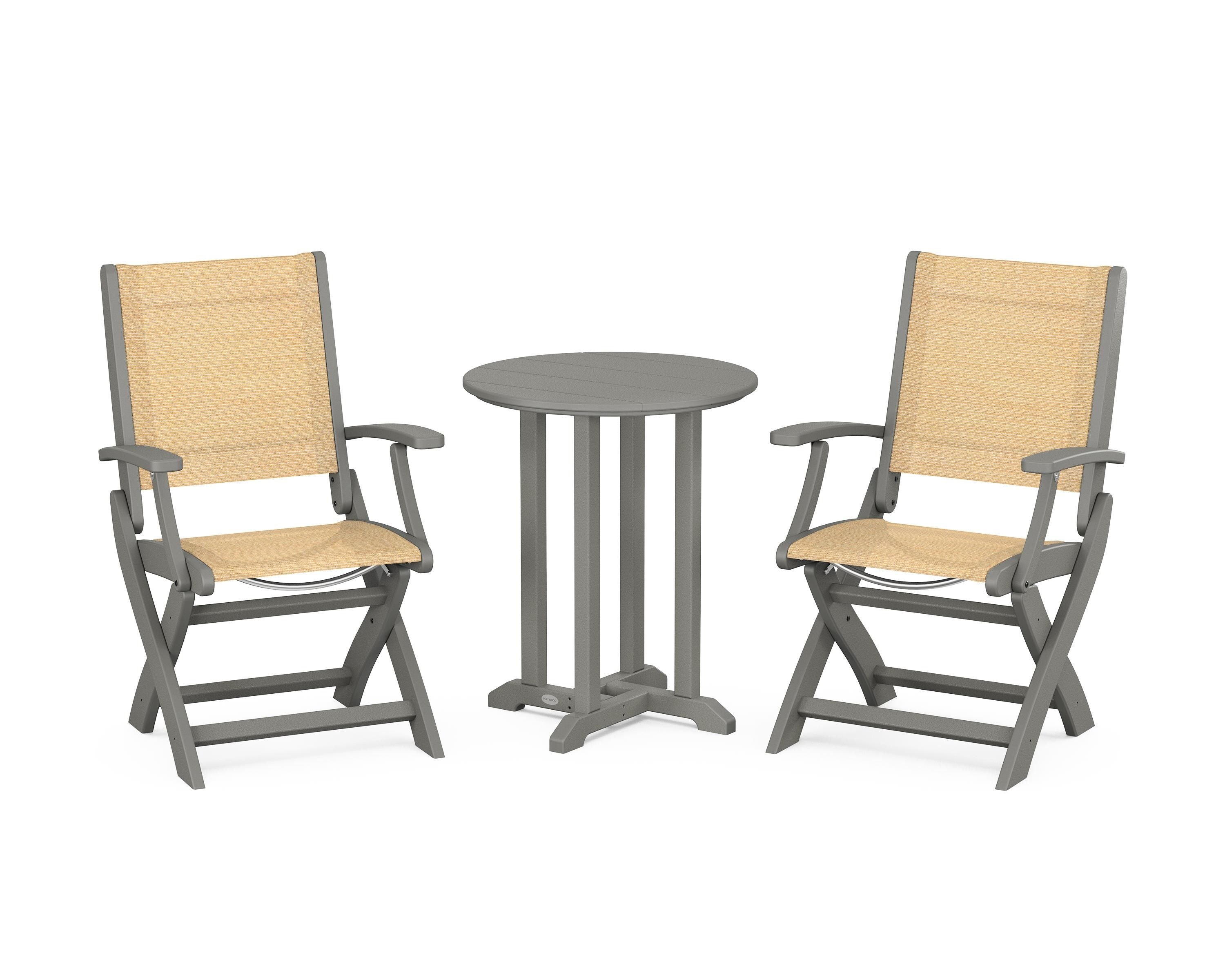 POLYWOOD Coastal Folding 3-Piece Round Bistro Dining Set in Slate Grey / Dupioni Apricot Sling