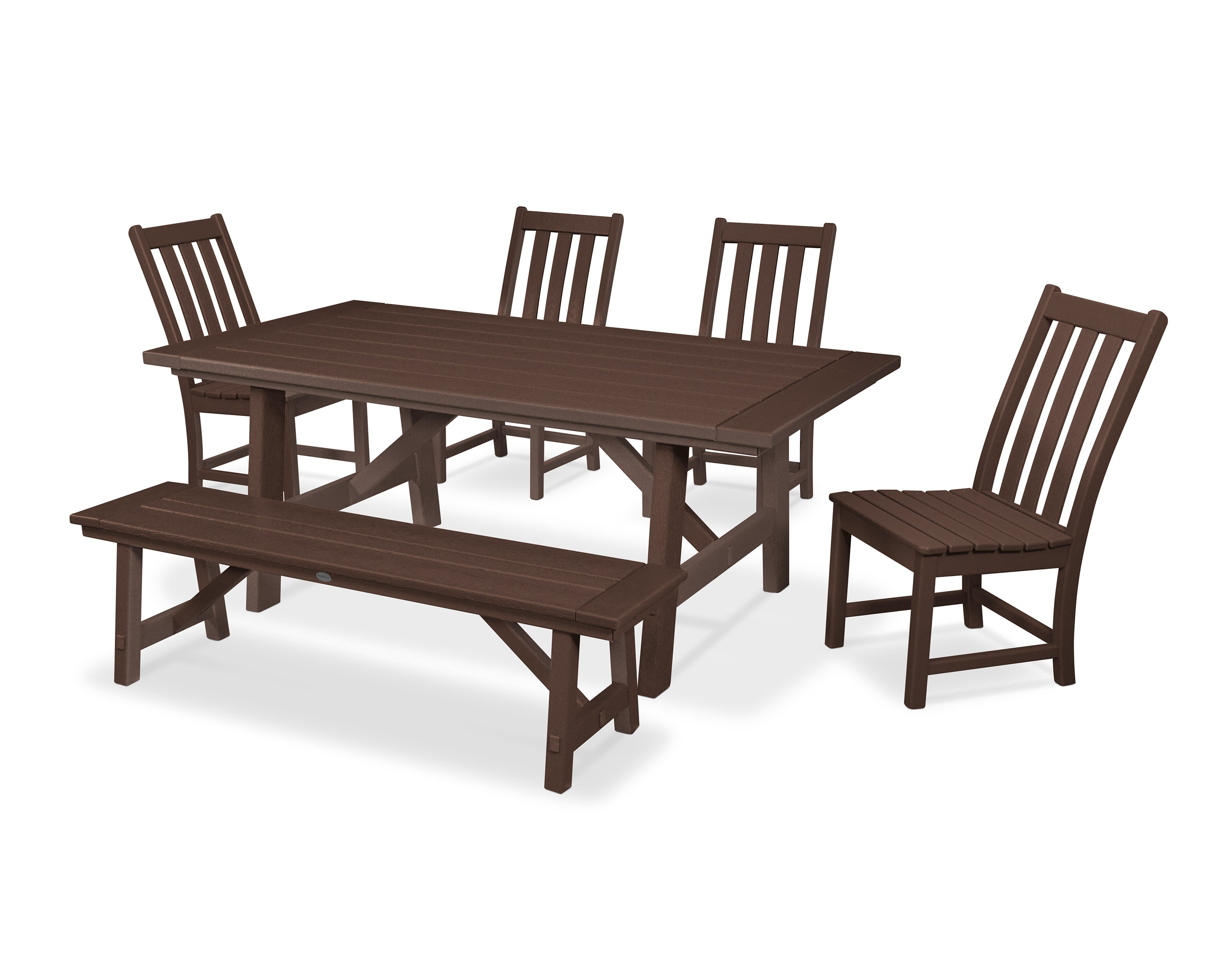 POLYWOOD® Vineyard 6-Piece Rustic Farmhouse Side Chair Dining Set with Bench in Mahogany