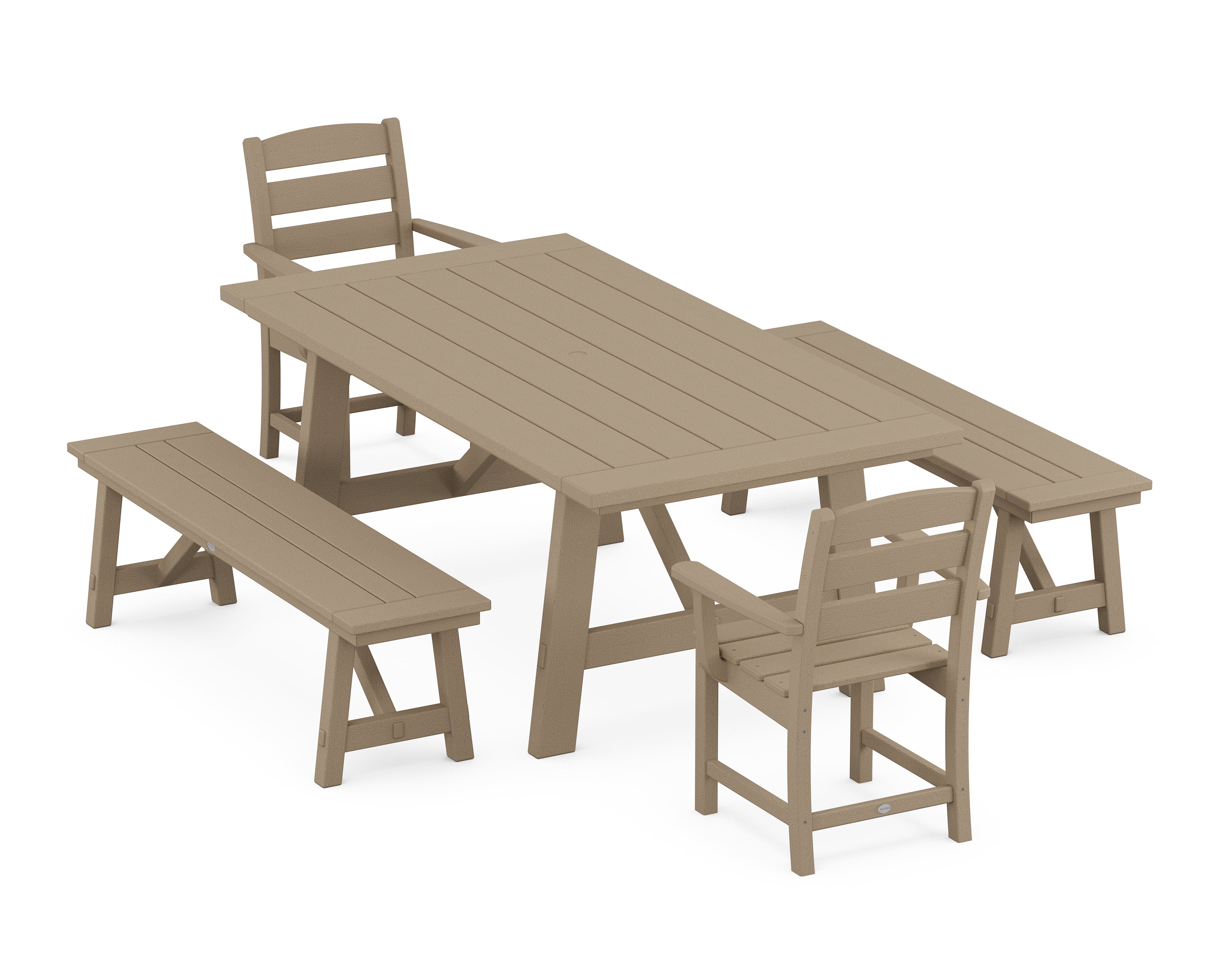 POLYWOOD® Lakeside 5-Piece Rustic Farmhouse Dining Set With Benches in Vintage Sahara