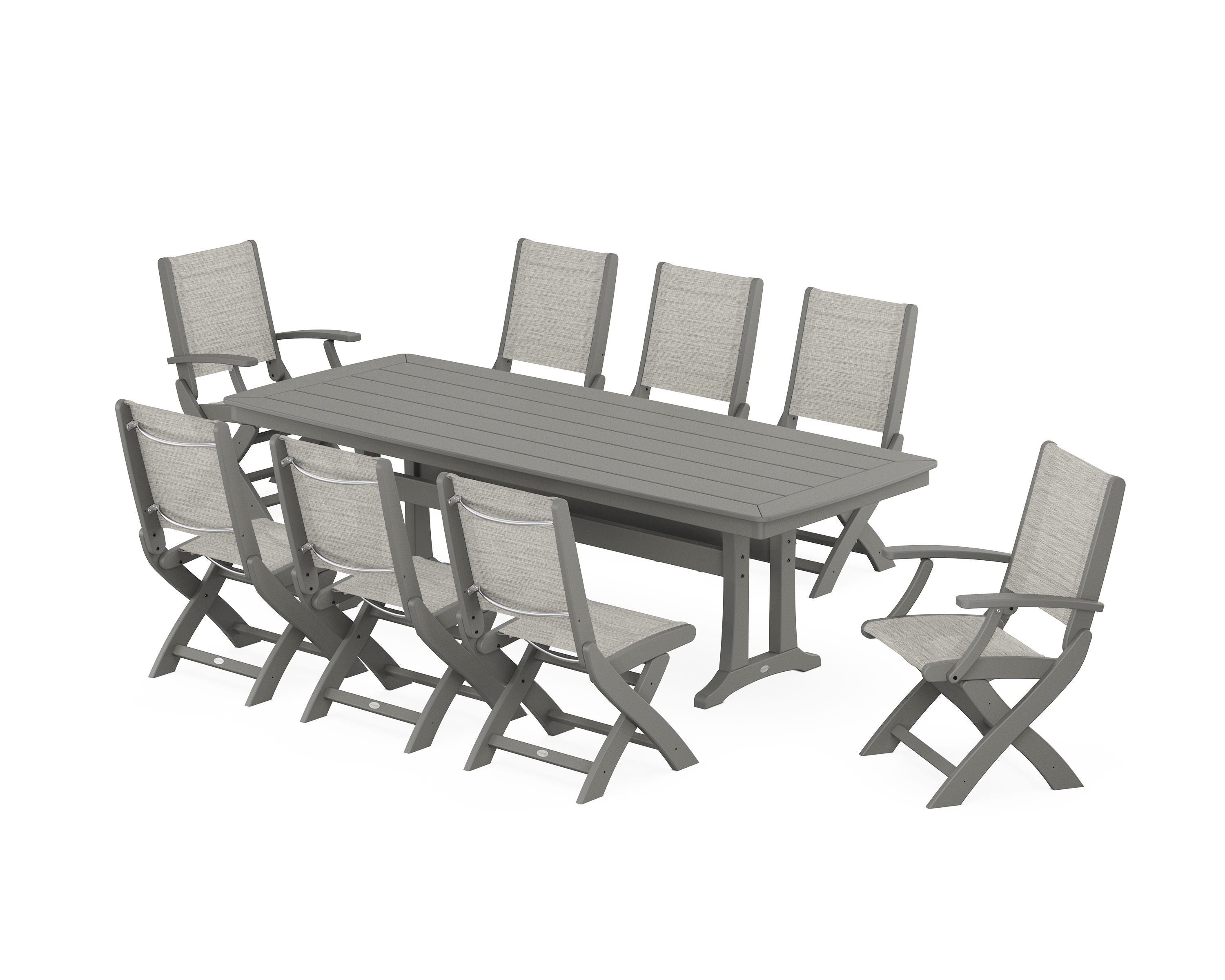 POLYWOOD Coastal Folding 9-Piece Dining Set with Trestle Legs in Slate Grey / Birch Sling