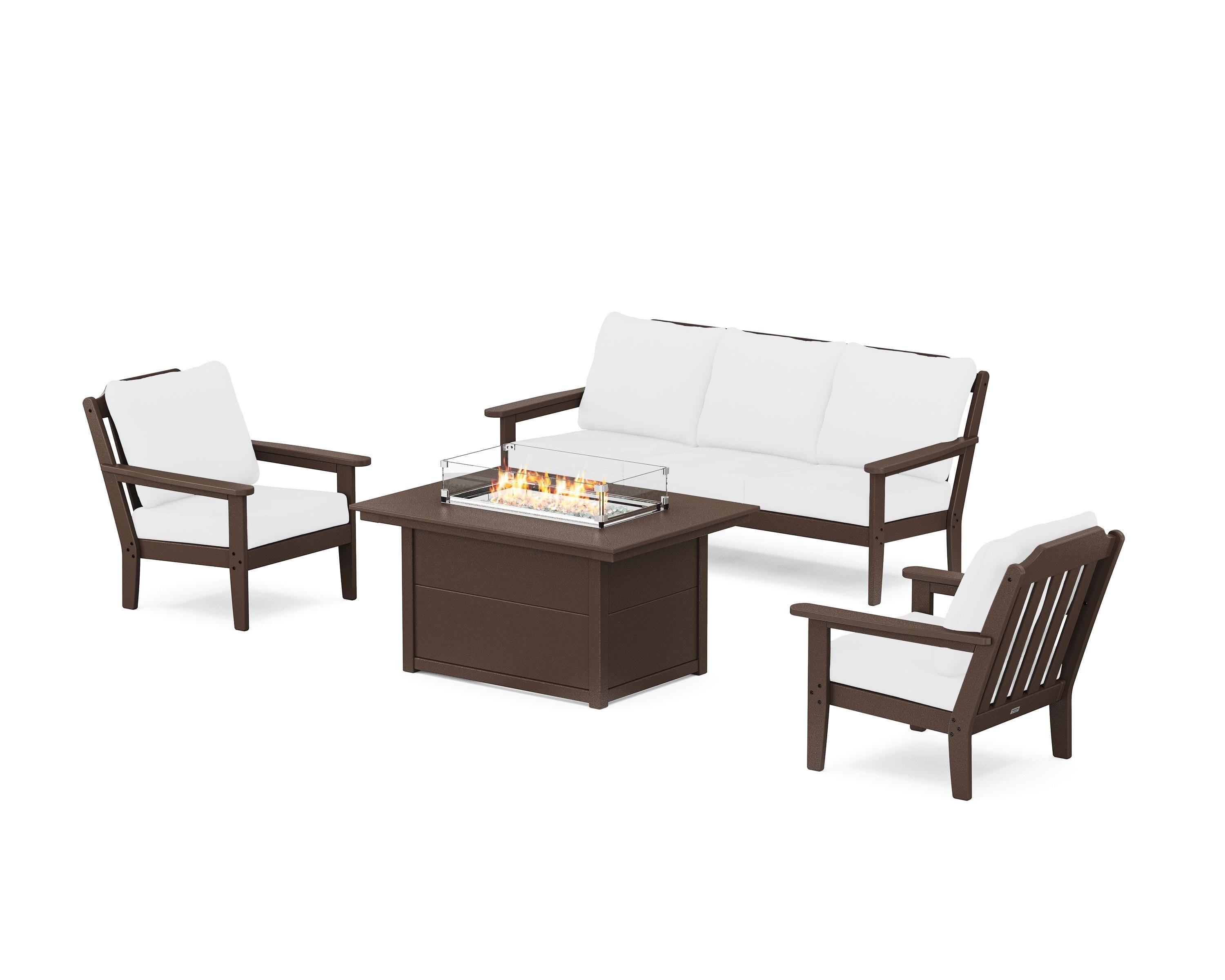 Country Living Cottage Deep Seating Fire Pit Table Set in Mahogany / Natural