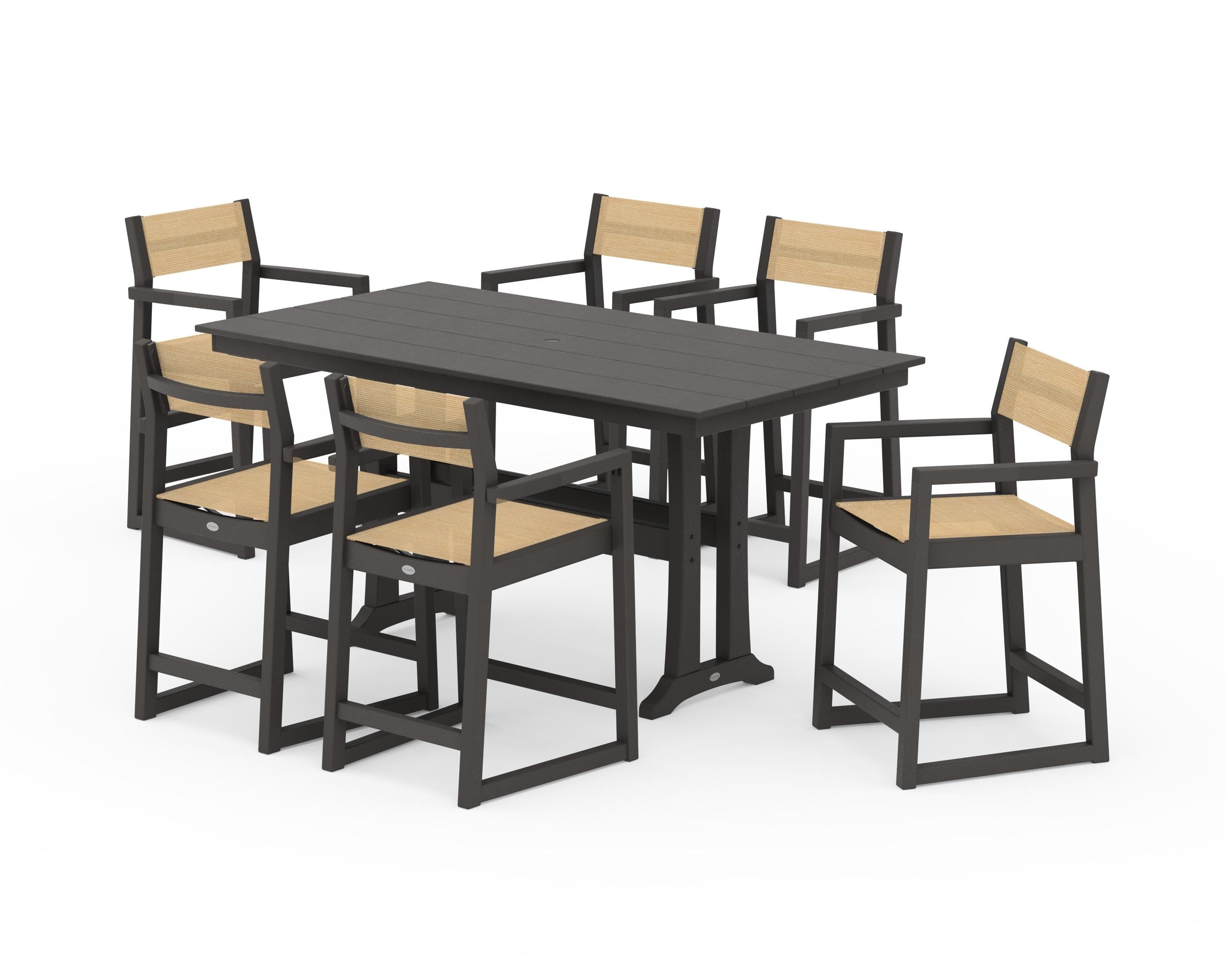 POLYWOOD EDGE Sling Arm Chair 7-Piece Farmhouse Counter Set with Trestle Legs in Vintage Coffee / Dupioni Apricot Sling