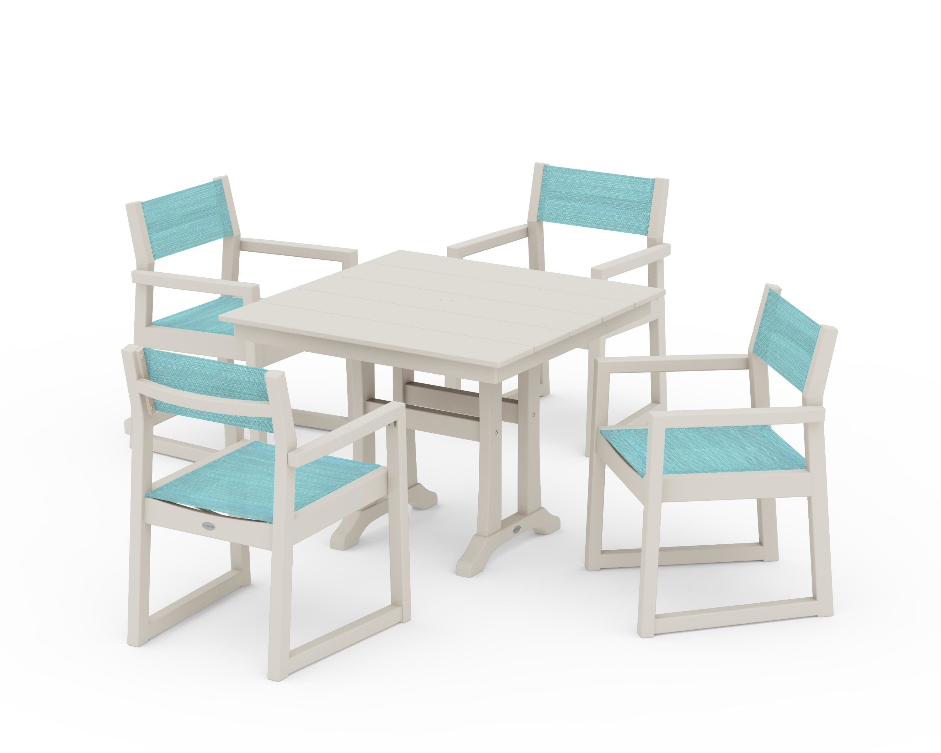 POLYWOOD EDGE Sling 5-Piece Farmhouse Dining Set with Trestle Legs in Sand / Dupioni Aquamarine Sling