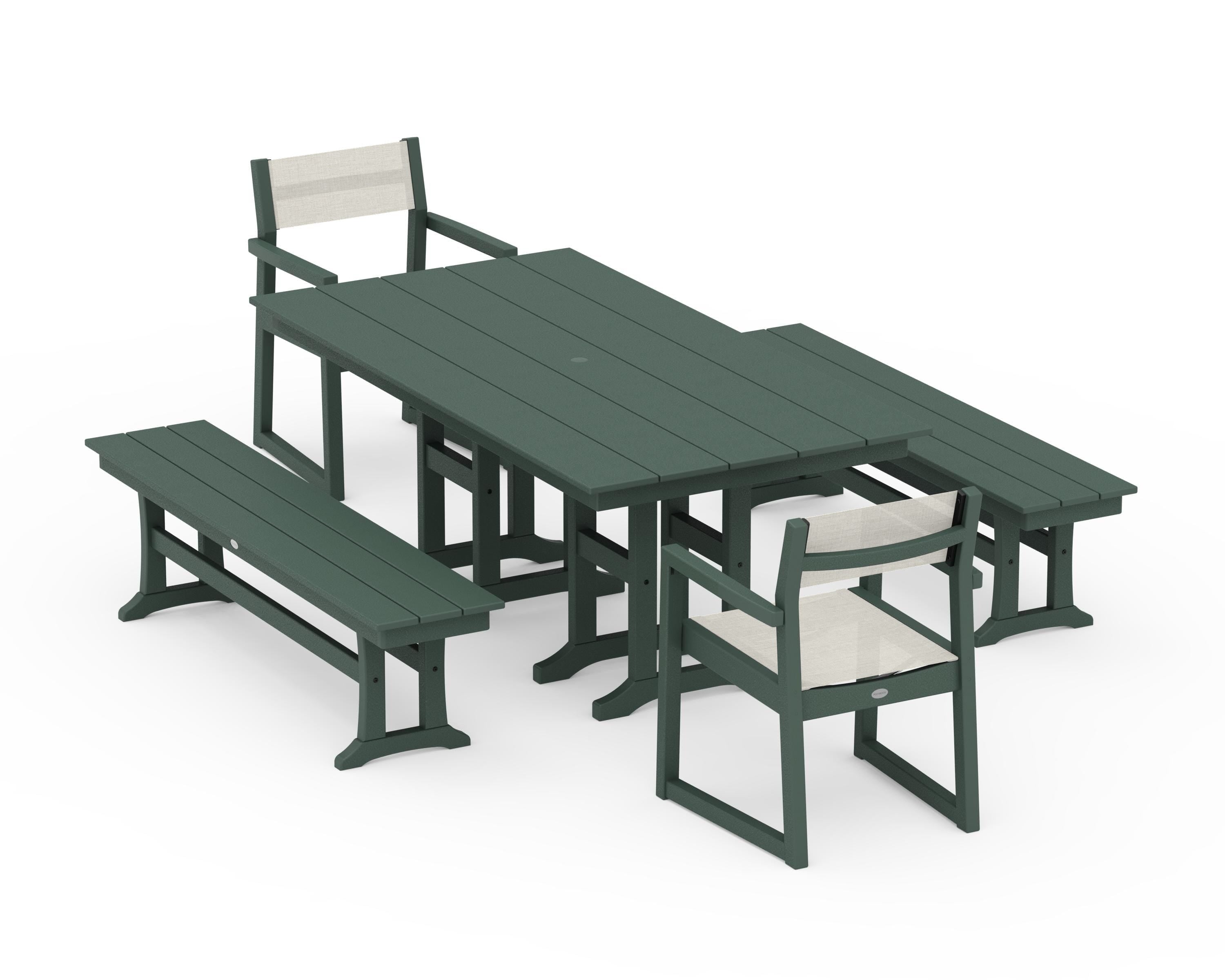 POLYWOOD EDGE Sling Arm Chair 5-Piece Farmhouse Dining Set with Benches in Green / Parchment Sling