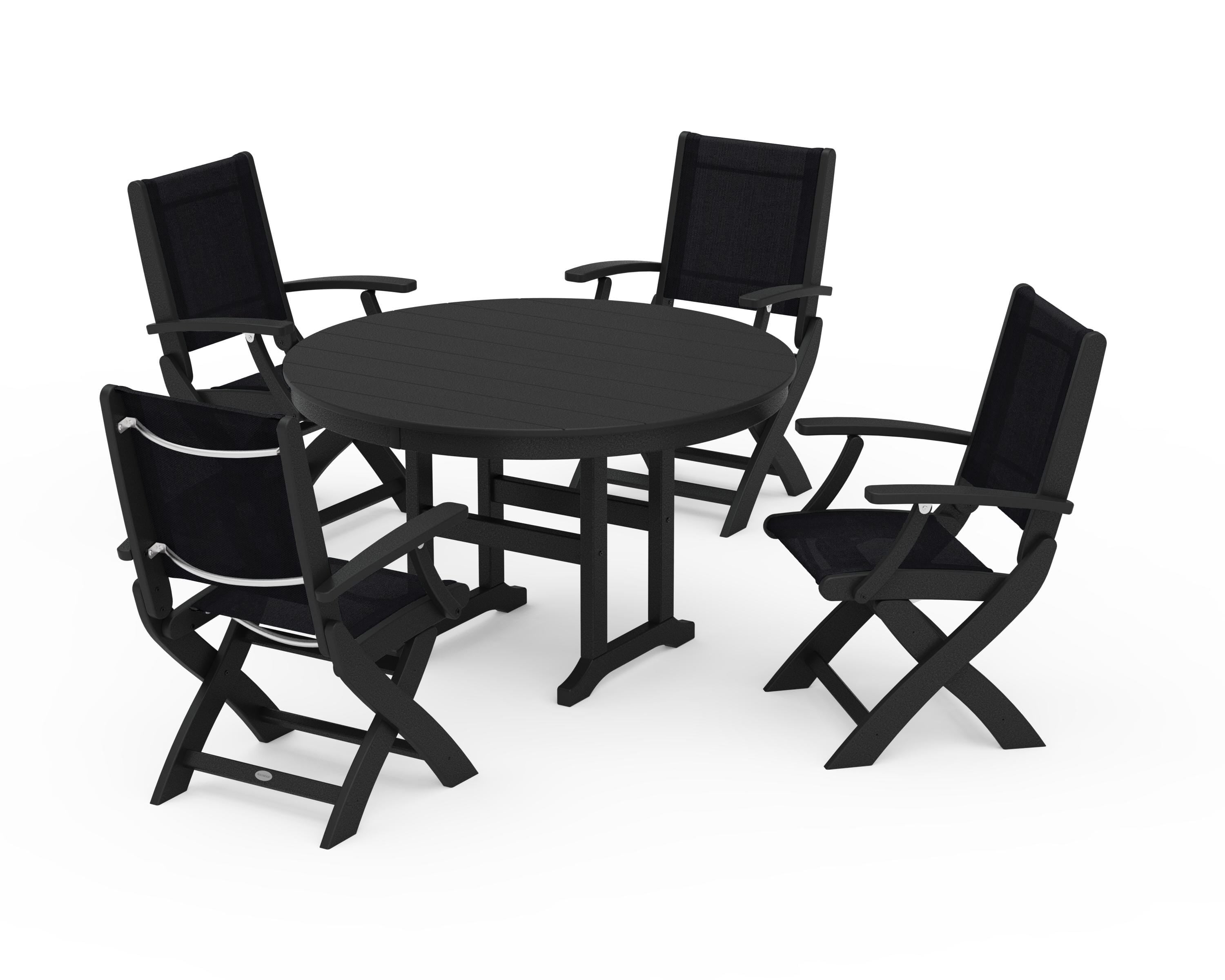 POLYWOOD Coastal Folding Chair 5-Piece Round Dining Set in Black / Black Sling