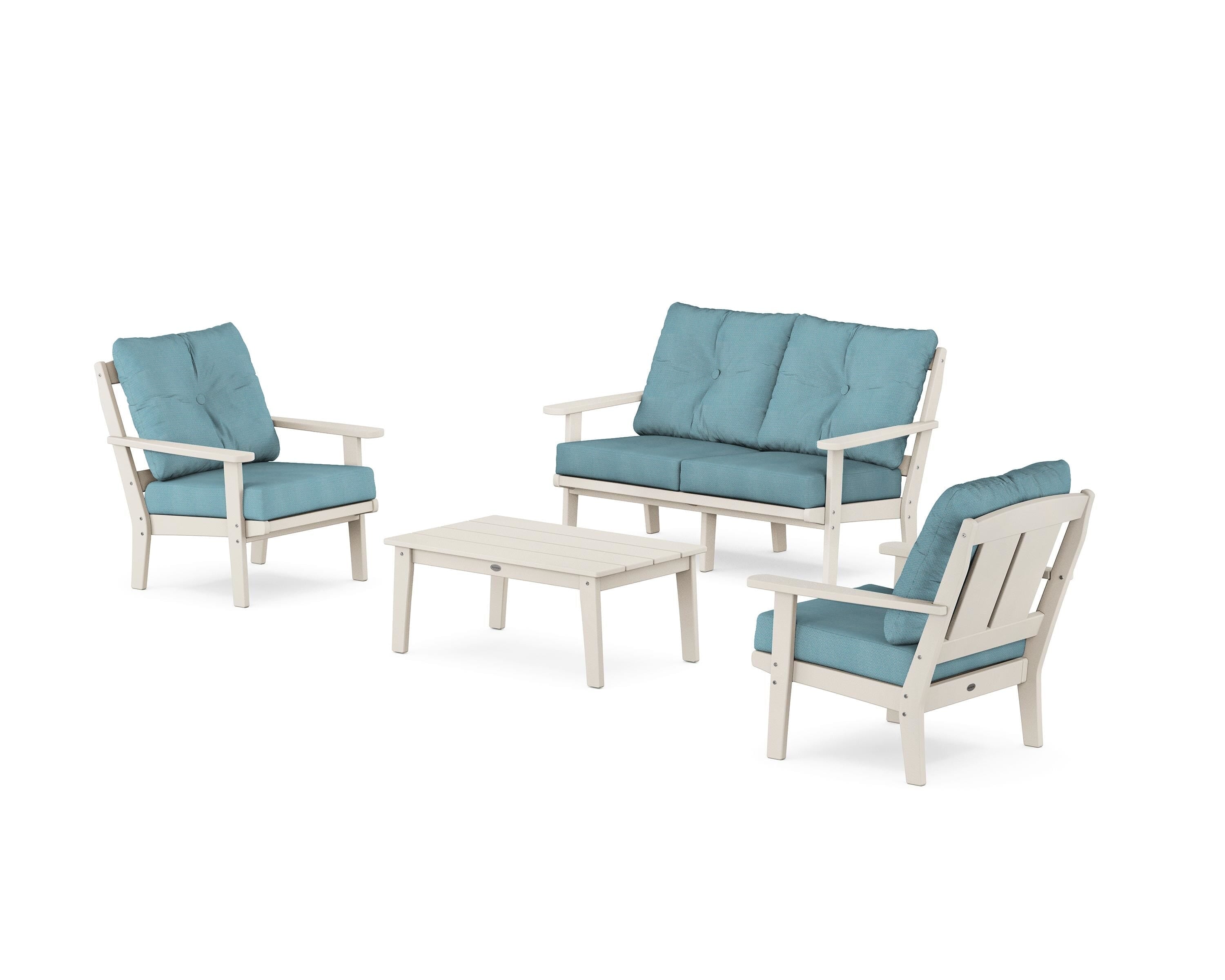 POLYWOOD Mission 4-Piece Deep Seating Set with Loveseat in Sand / Lattice Sky Blue